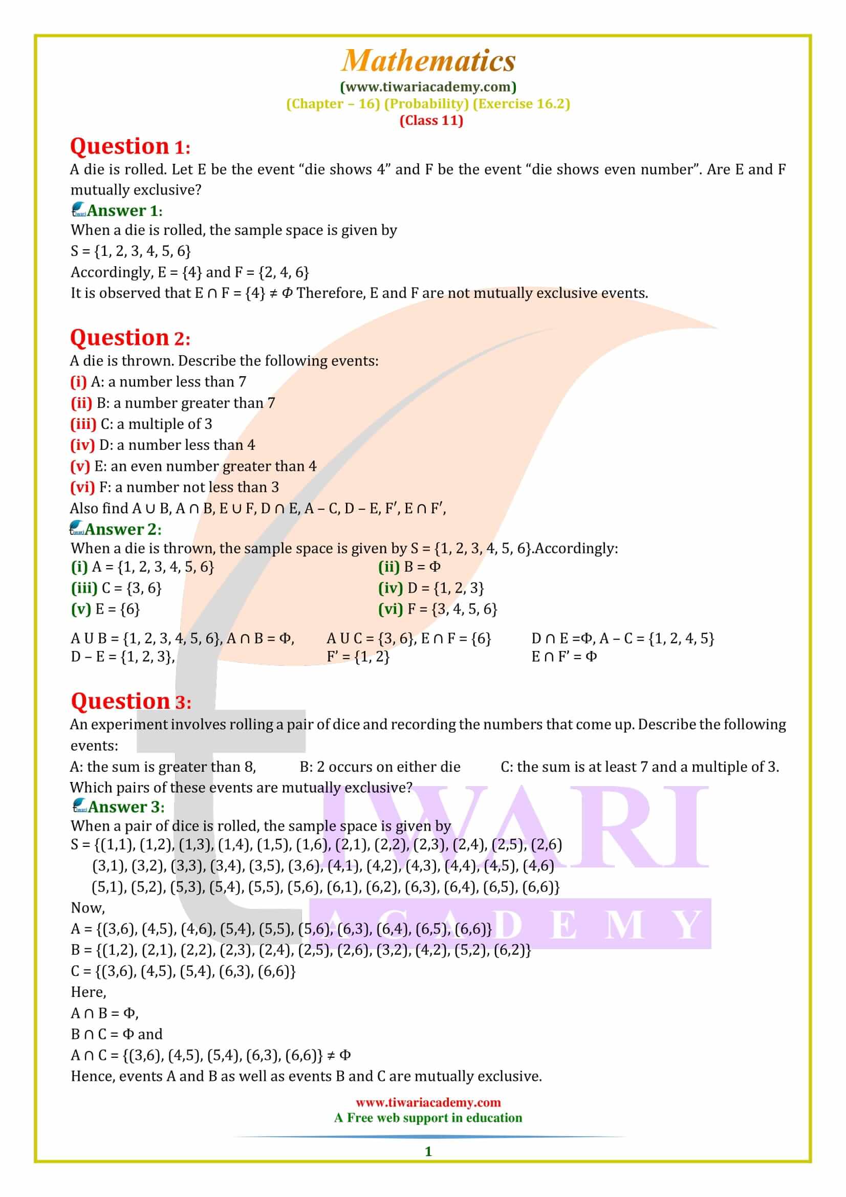 Class 11 Maths Exercise 16.2 Probability