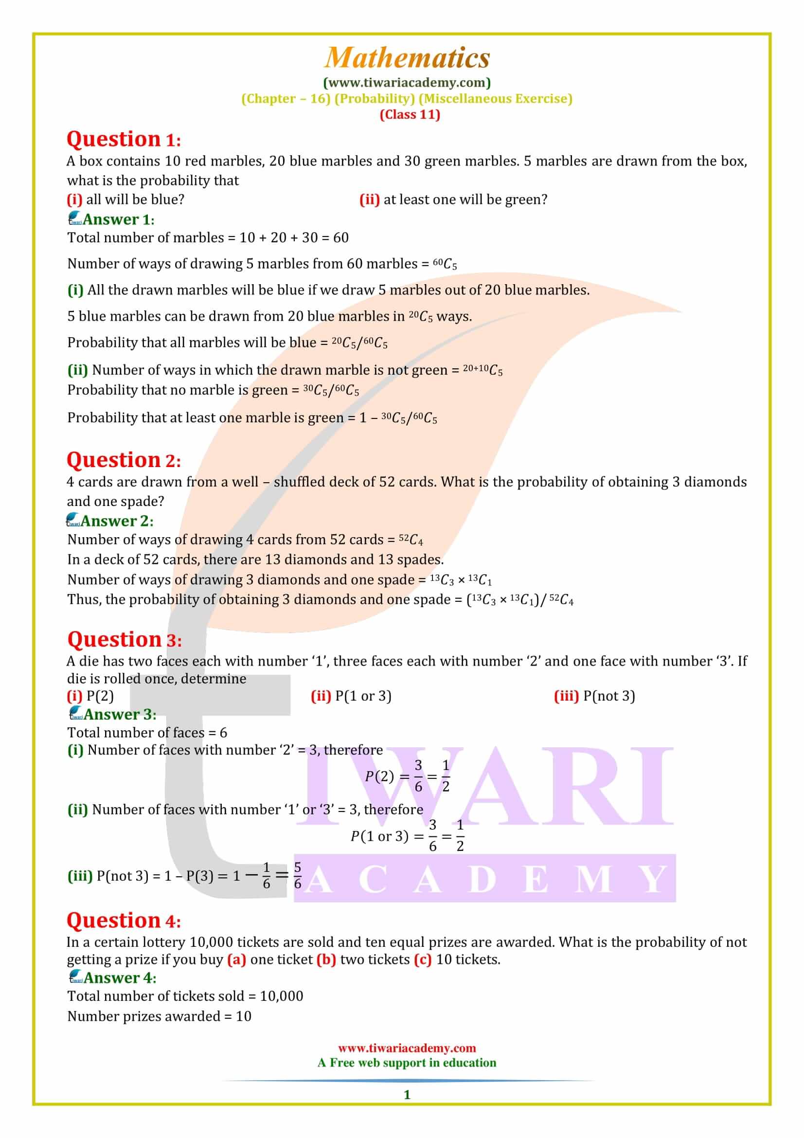 Class 11 Maths Chapter 16 Miscellaneous Exercise Probability