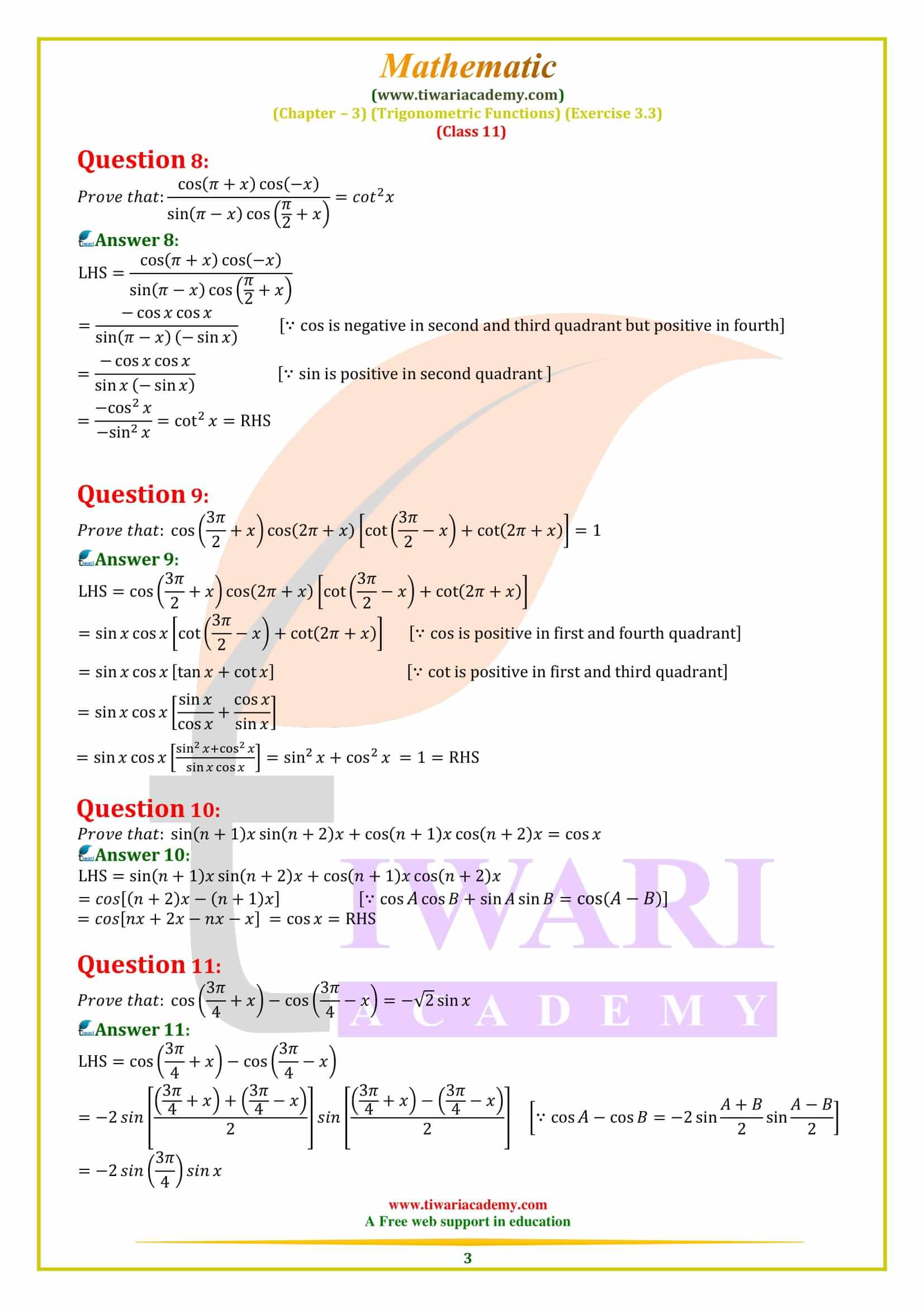 NCERT Solutions for Class 11 Maths Exercise 3.3 solutions