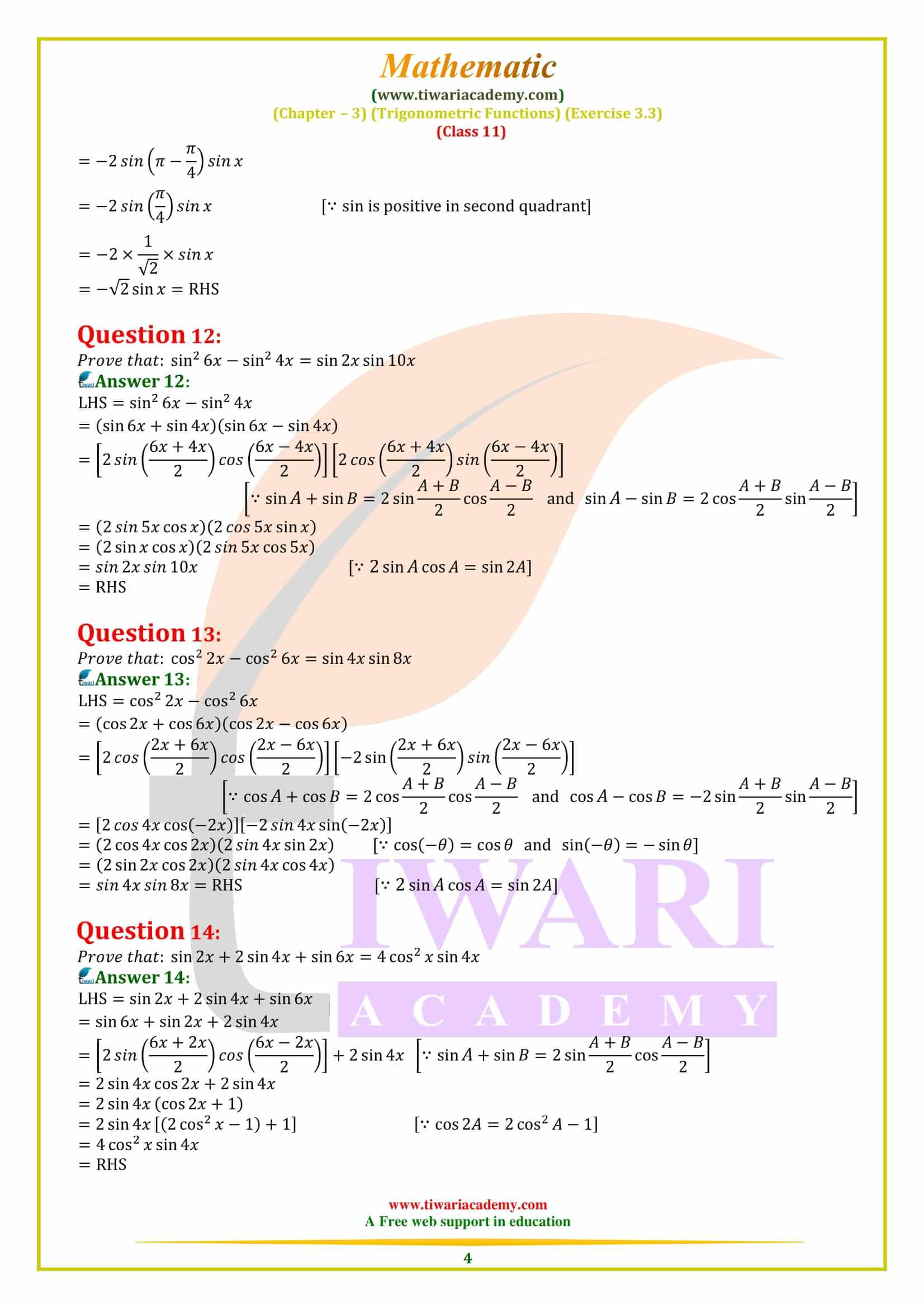 NCERT Solutions for Class 11 Maths Exercise 3.3 pdf
