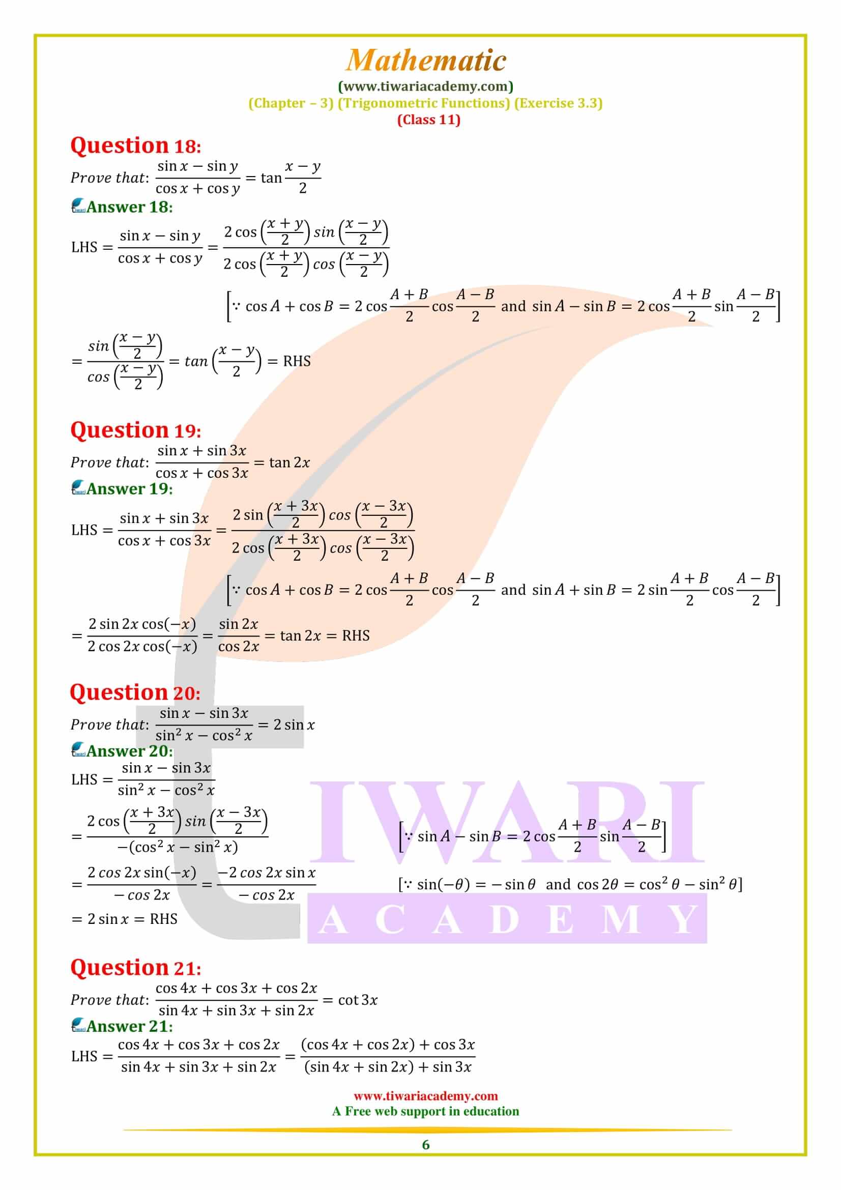 NCERT Solutions for Class 11 Maths Exercise 3.3 in Hindi and English