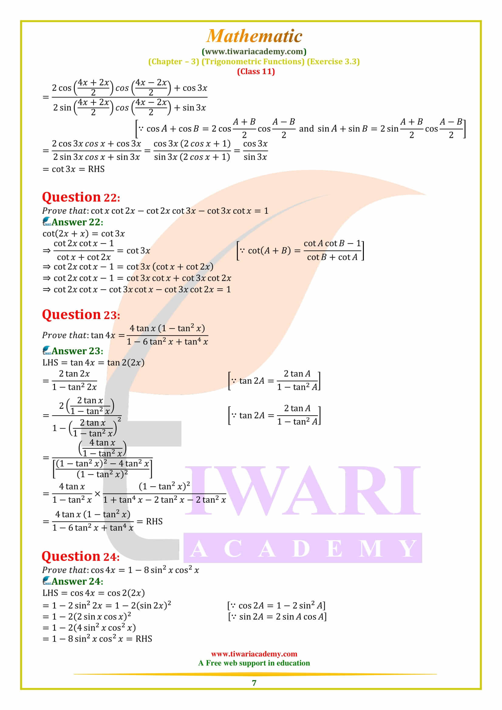 NCERT Solutions for Class 11 Maths Exercise 3.3 download free