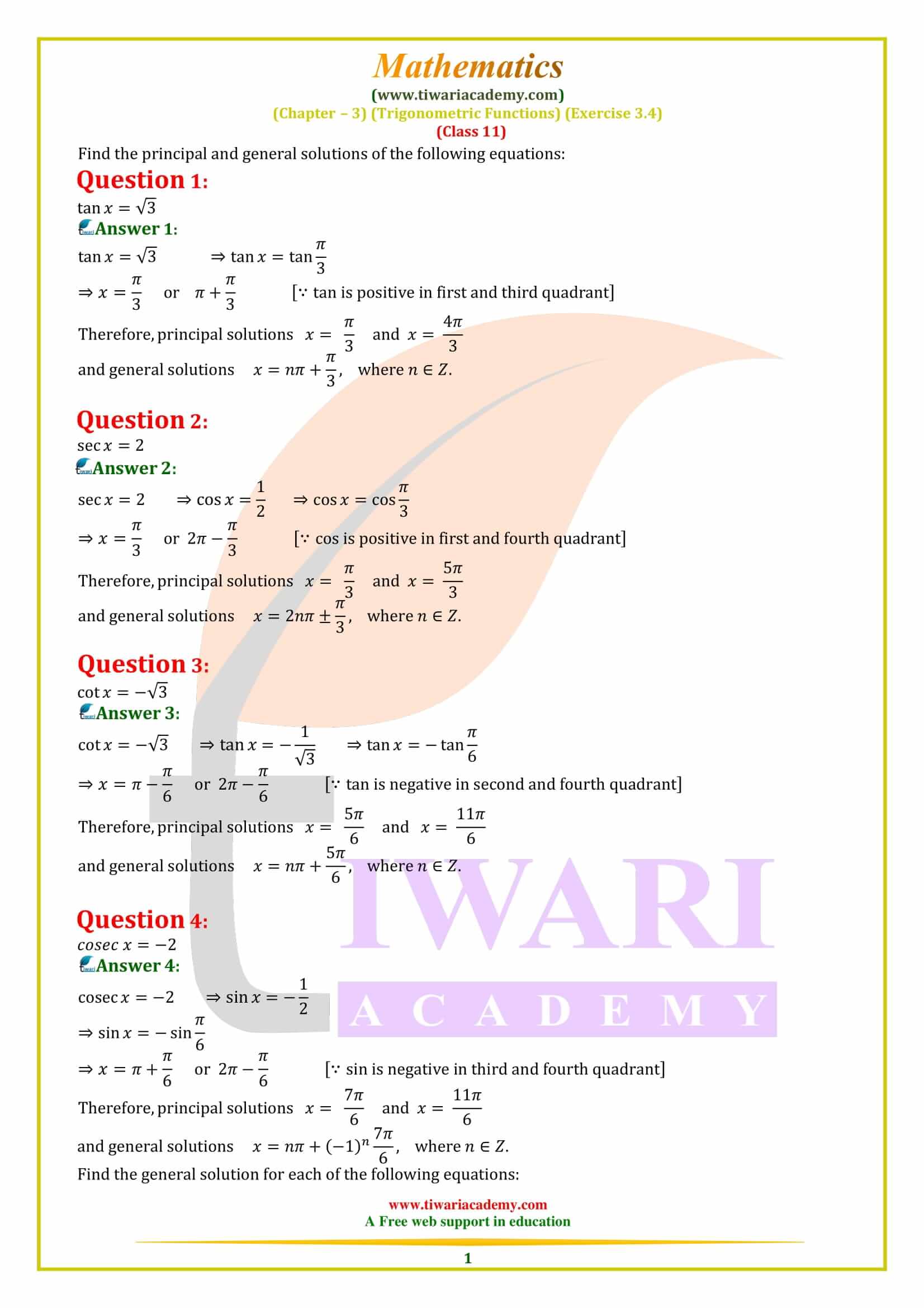 Ncert solutions for class 11 maths chapter 3 exercise 3 4