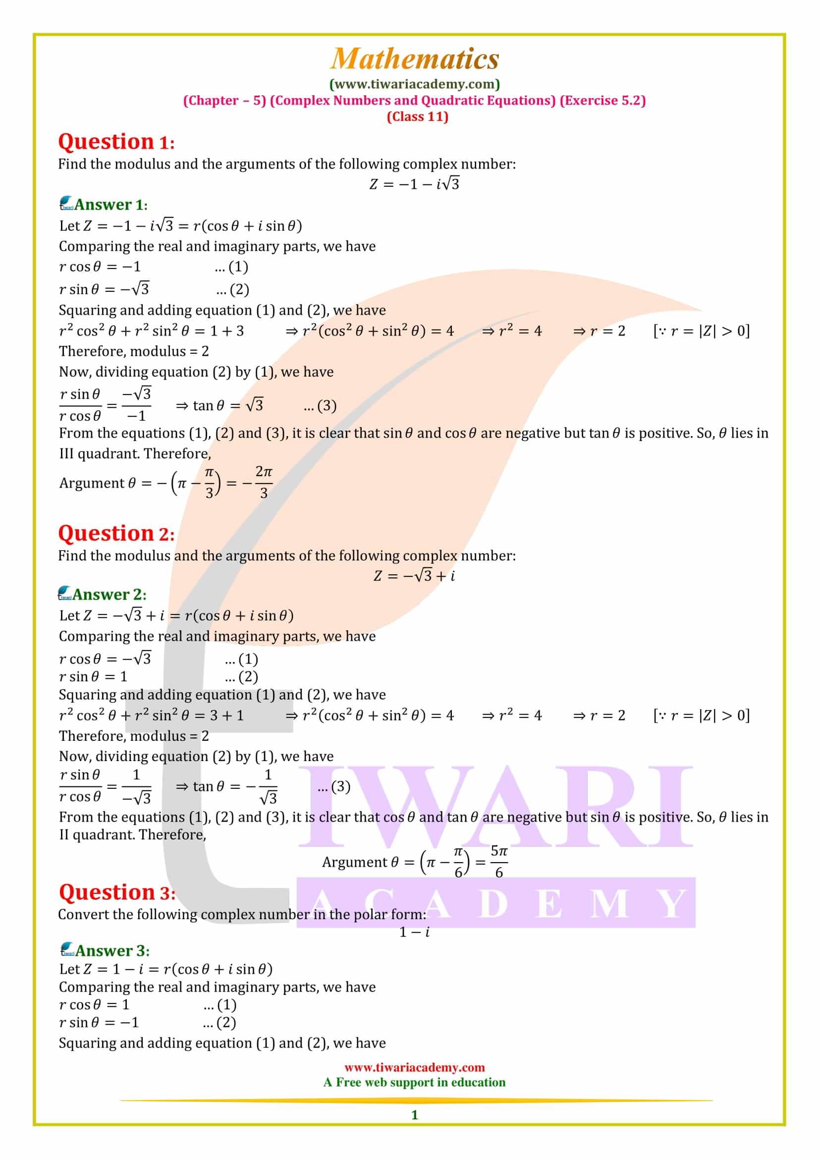 NCERT Solutions for Class 11 Maths Exercise 5.2 Complex number