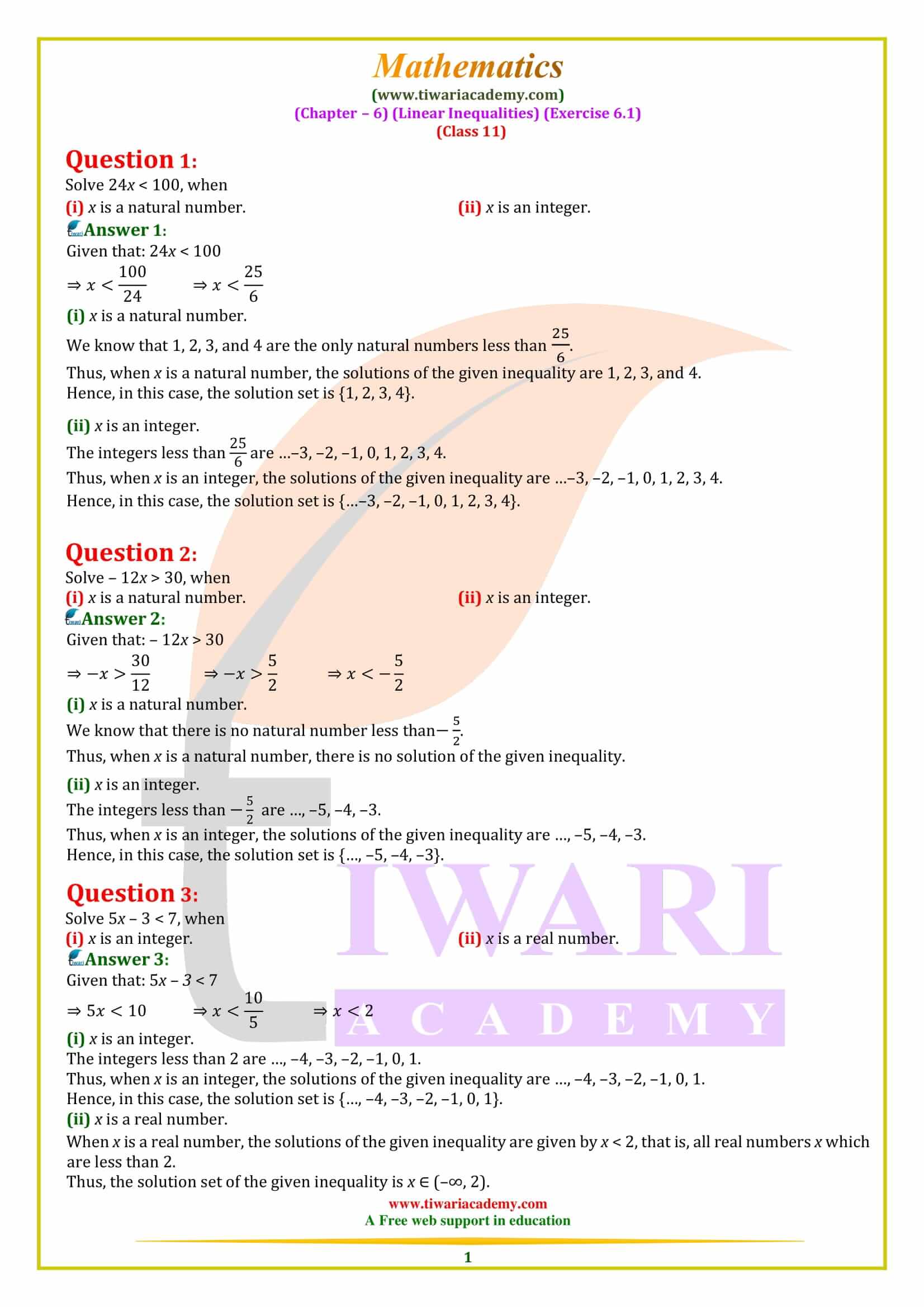 Class 11 Maths Exercise 6.1 Linear Inequalities