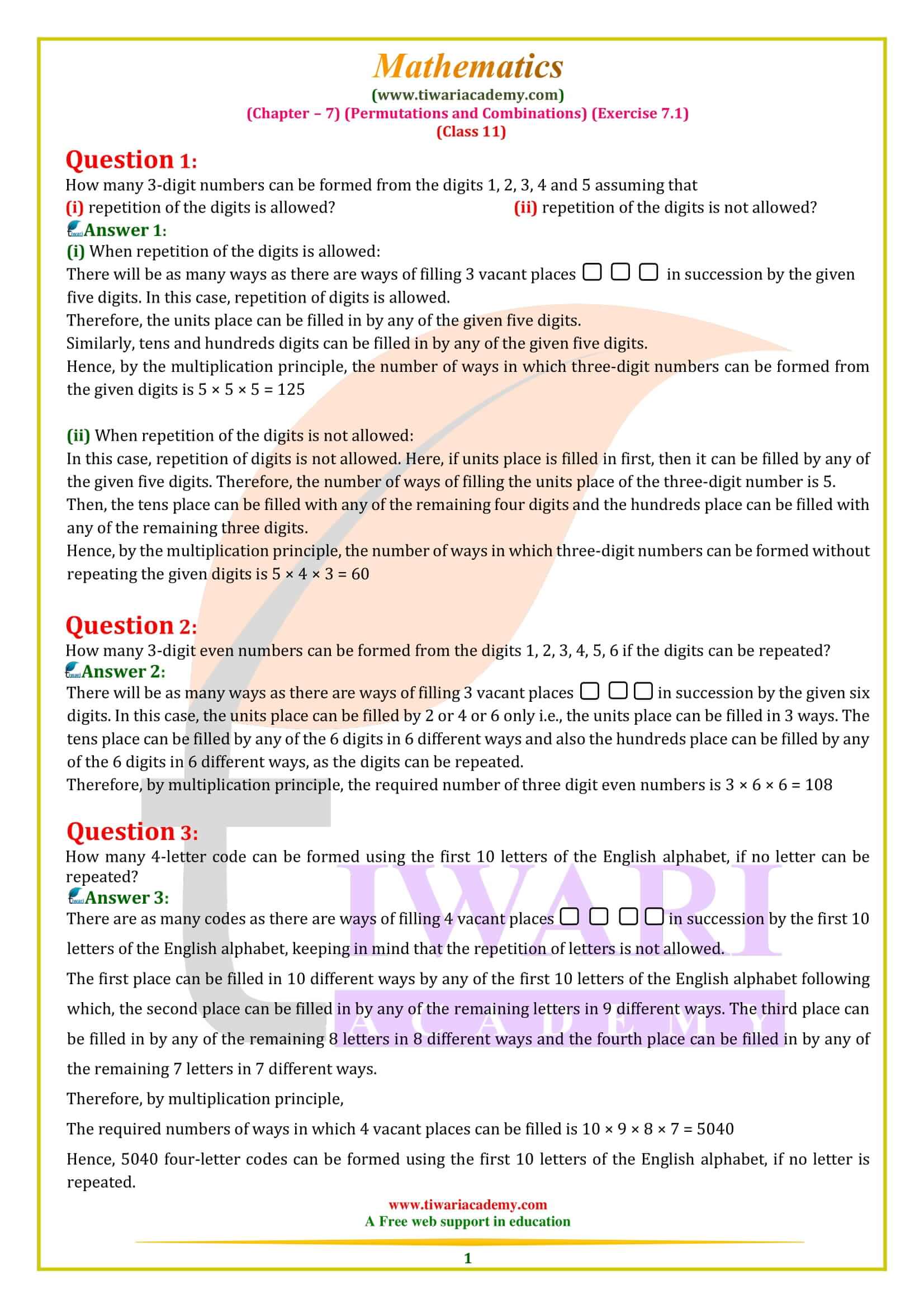 Class 11 Maths Exercise 7.1 Permutations and Combinations