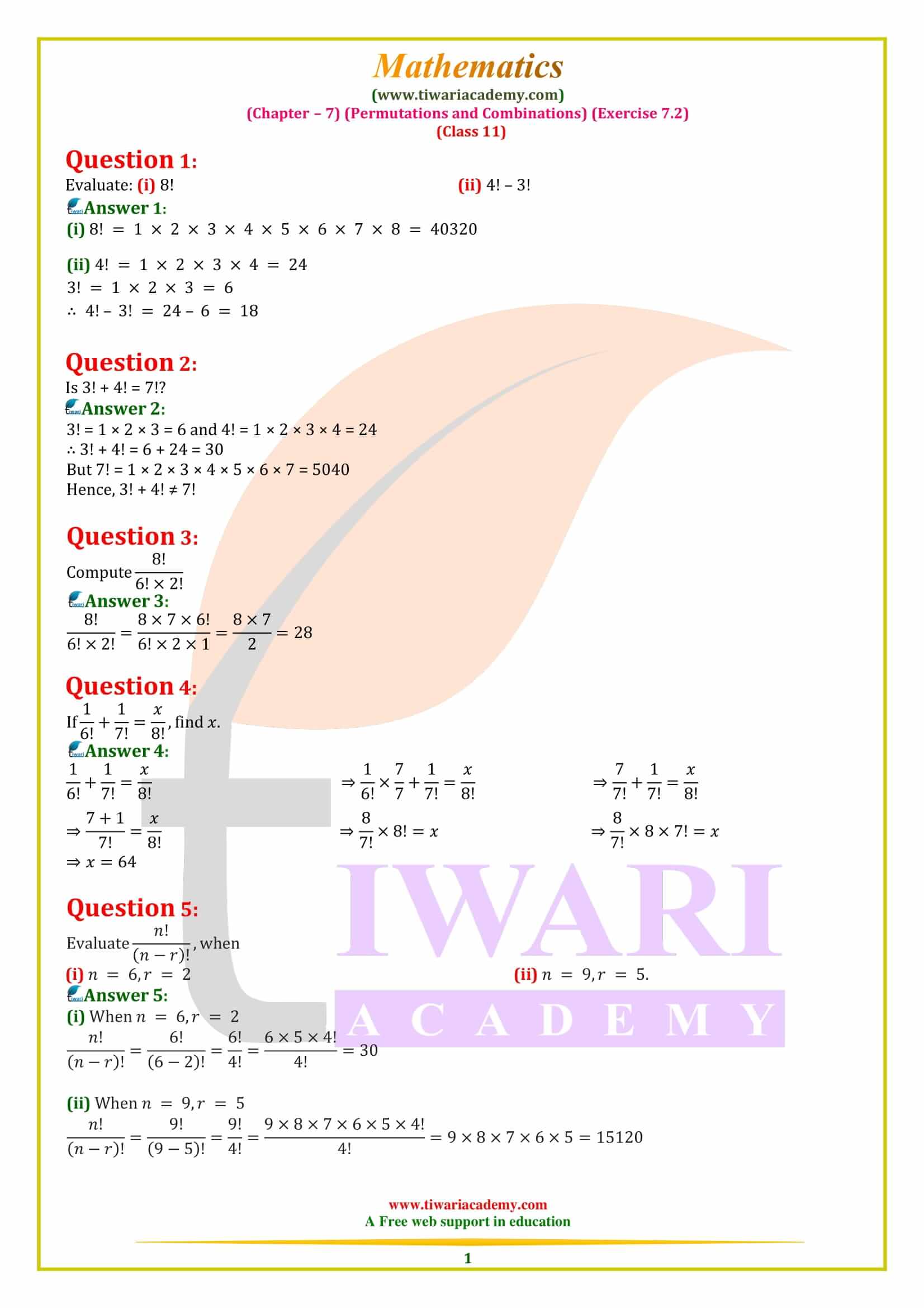 NCERT Solutions for Class 11 Maths Exercise 7.2