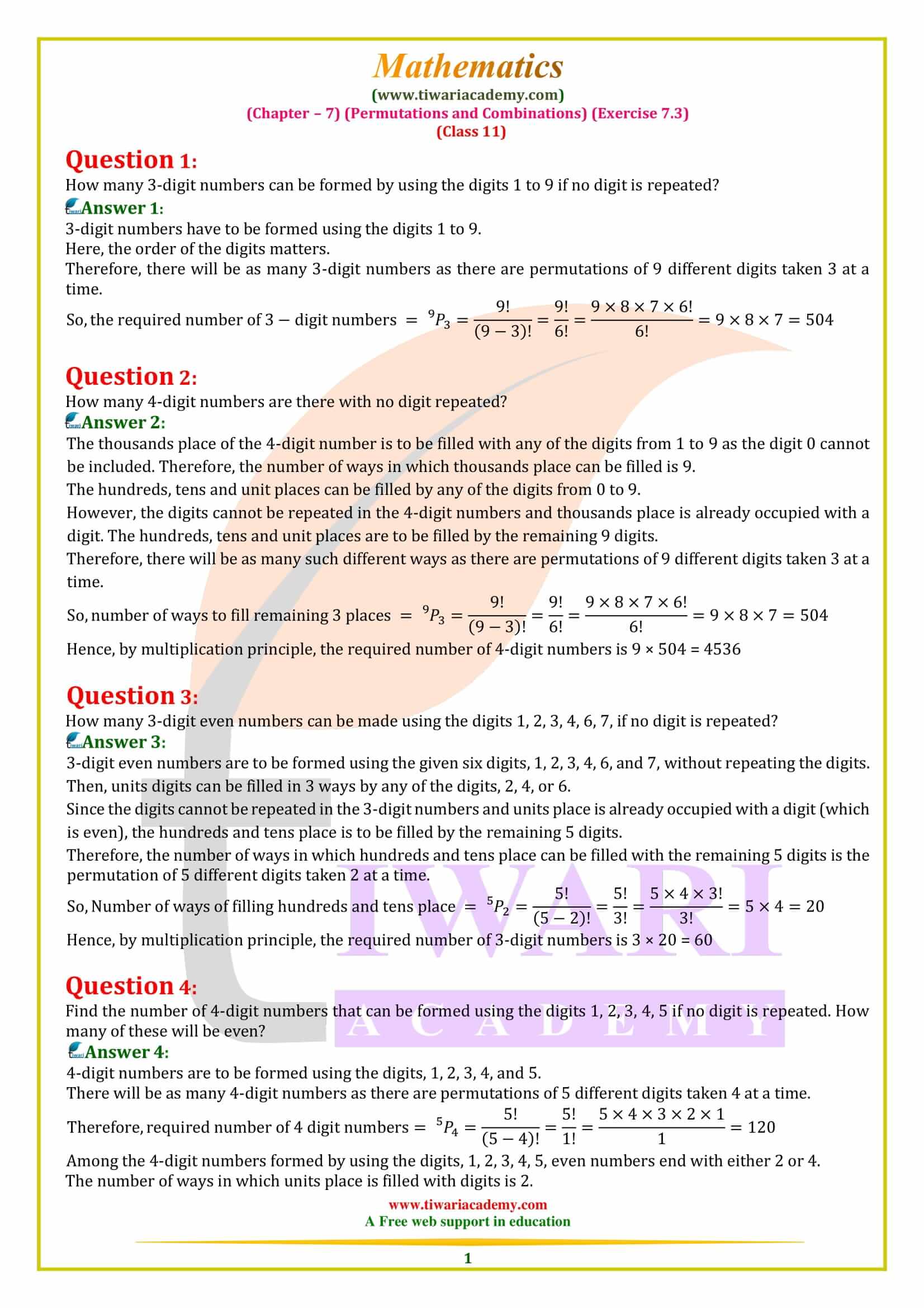 Class 11 Maths Exercise 7.3 Permutations and Combinations