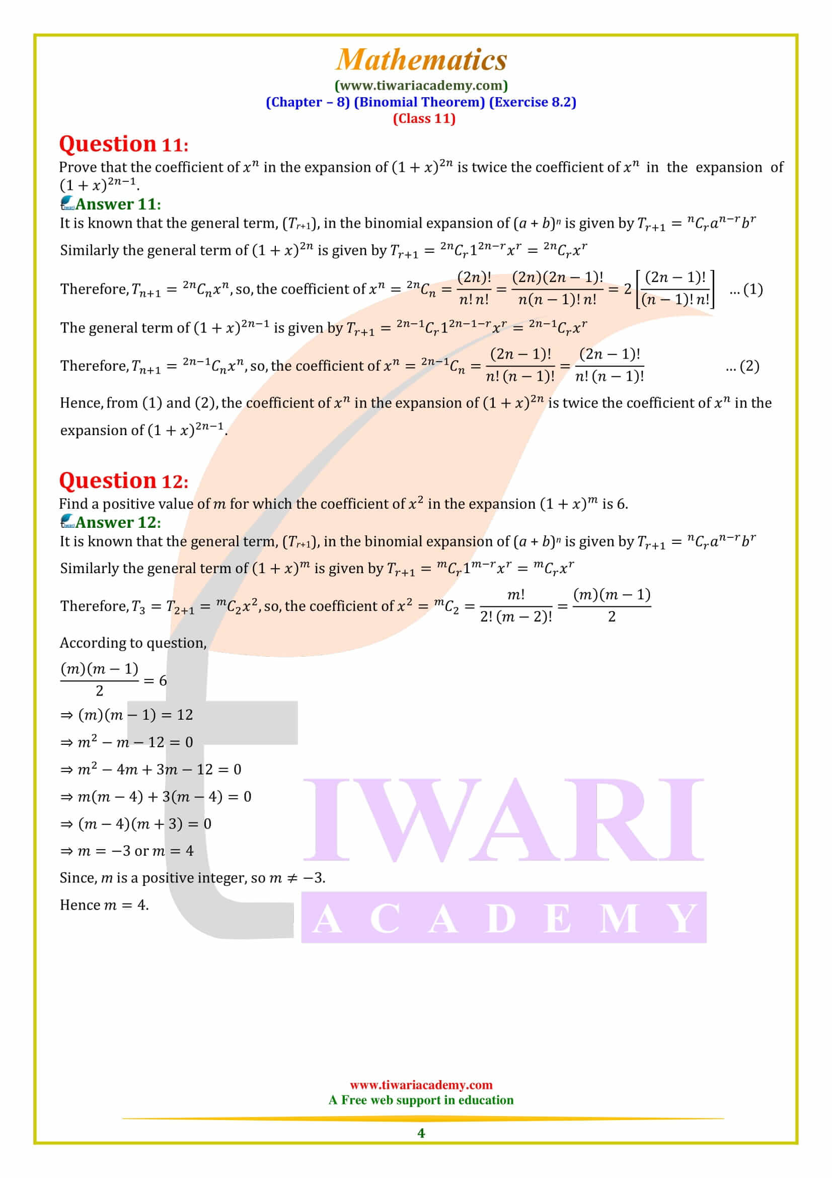 NCERT Solutions for Class 11 Maths Exercise 8.2 in PDF