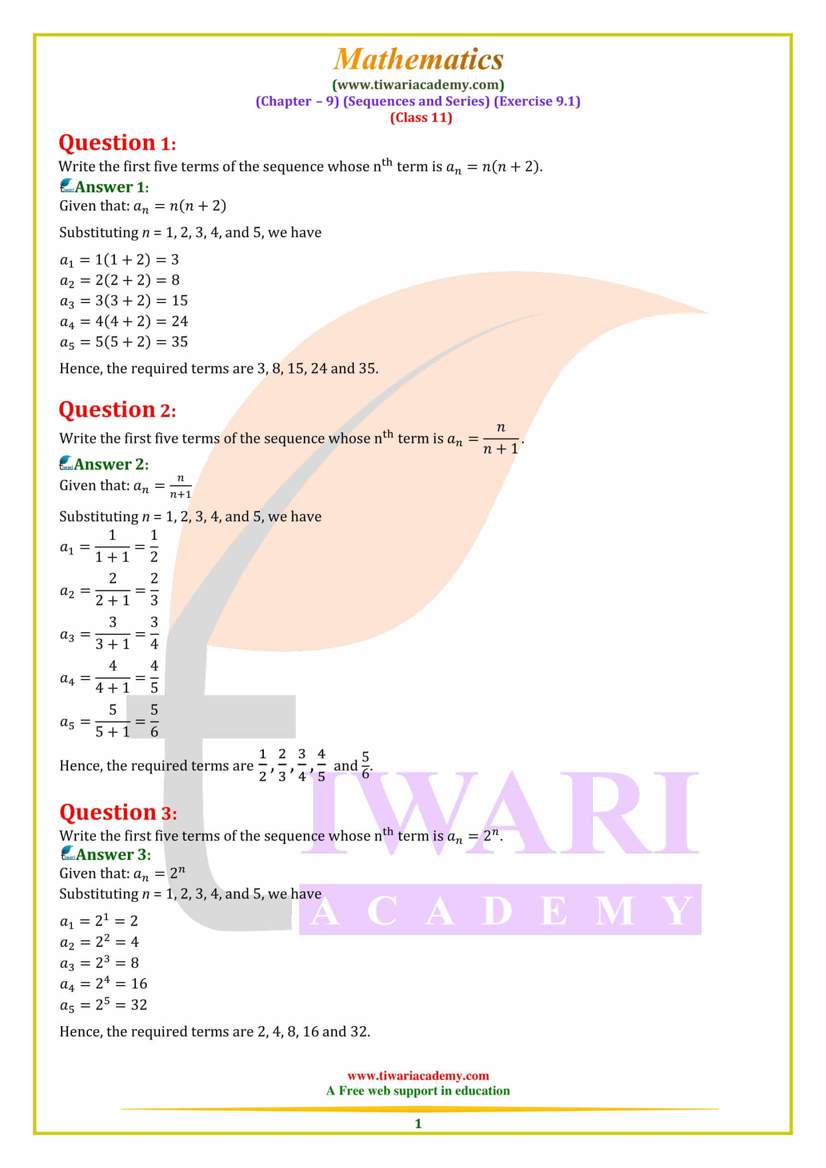 Class 11 Maths Exercise 9.1 Sequences and Series