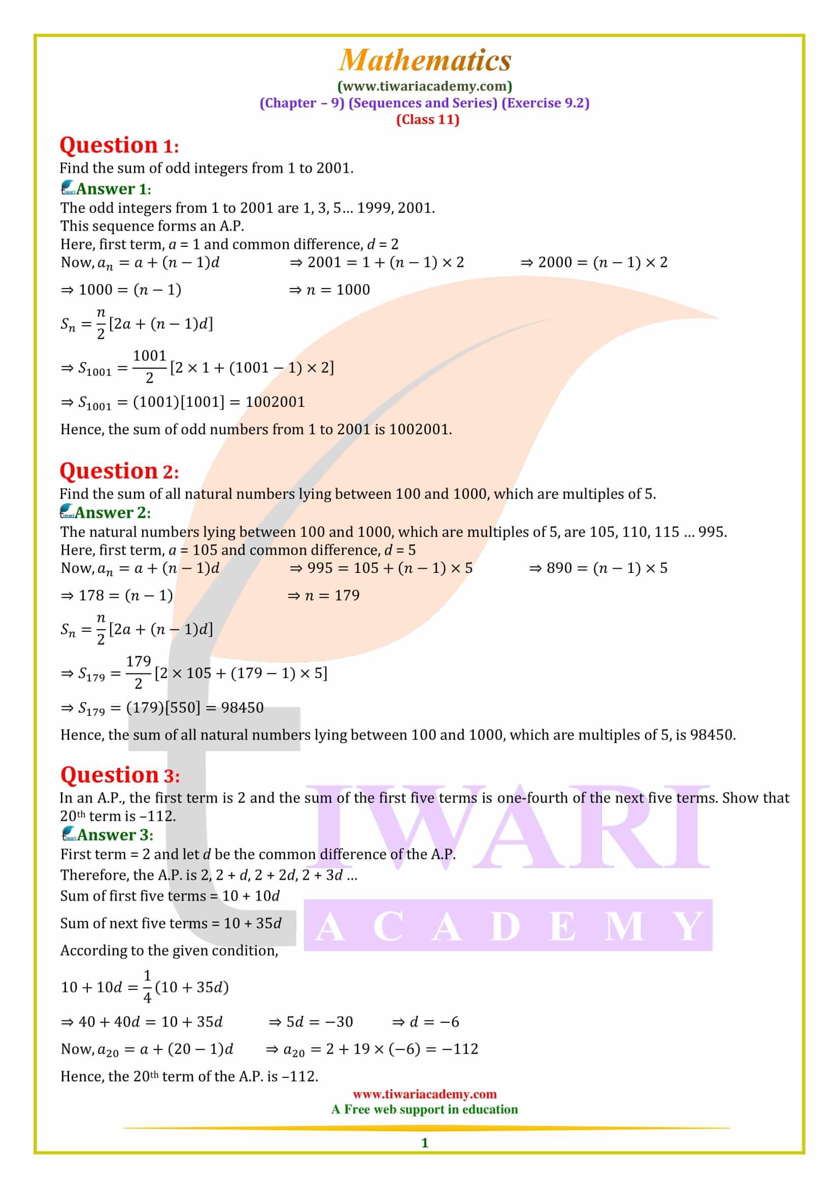 Class 11 Maths Exercise 9.2 Sequences and Series