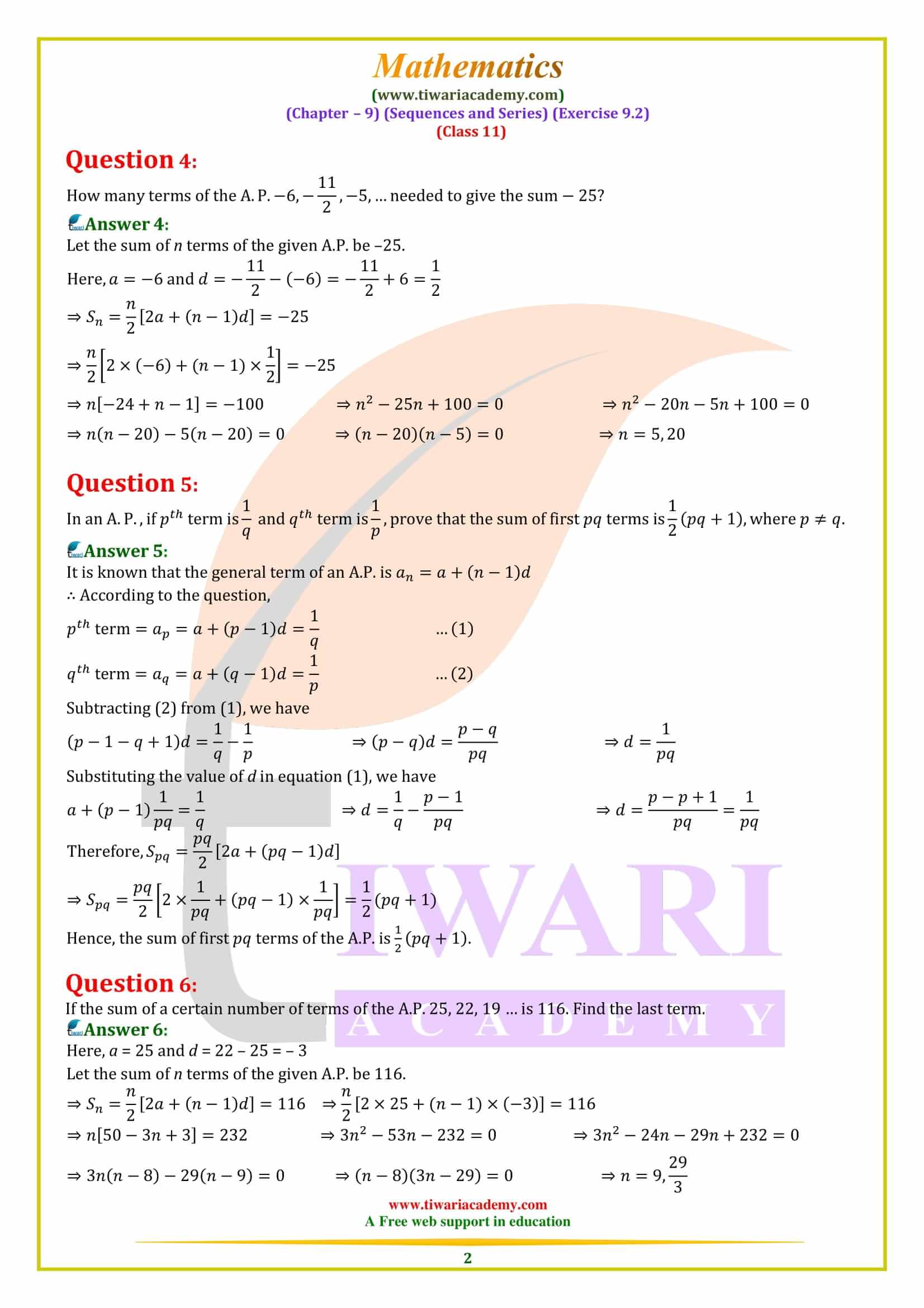 NCERT Solutions for Class 11 Maths Exercise 9.2