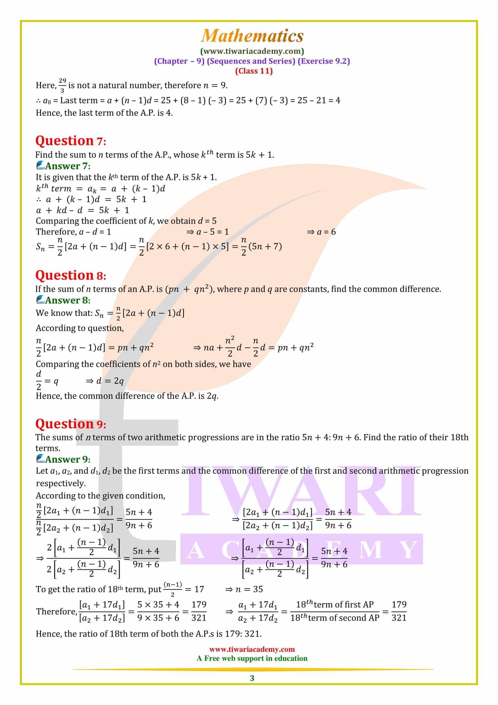 NCERT Solutions for Class 11 Maths Exercise 9.2 in PDF