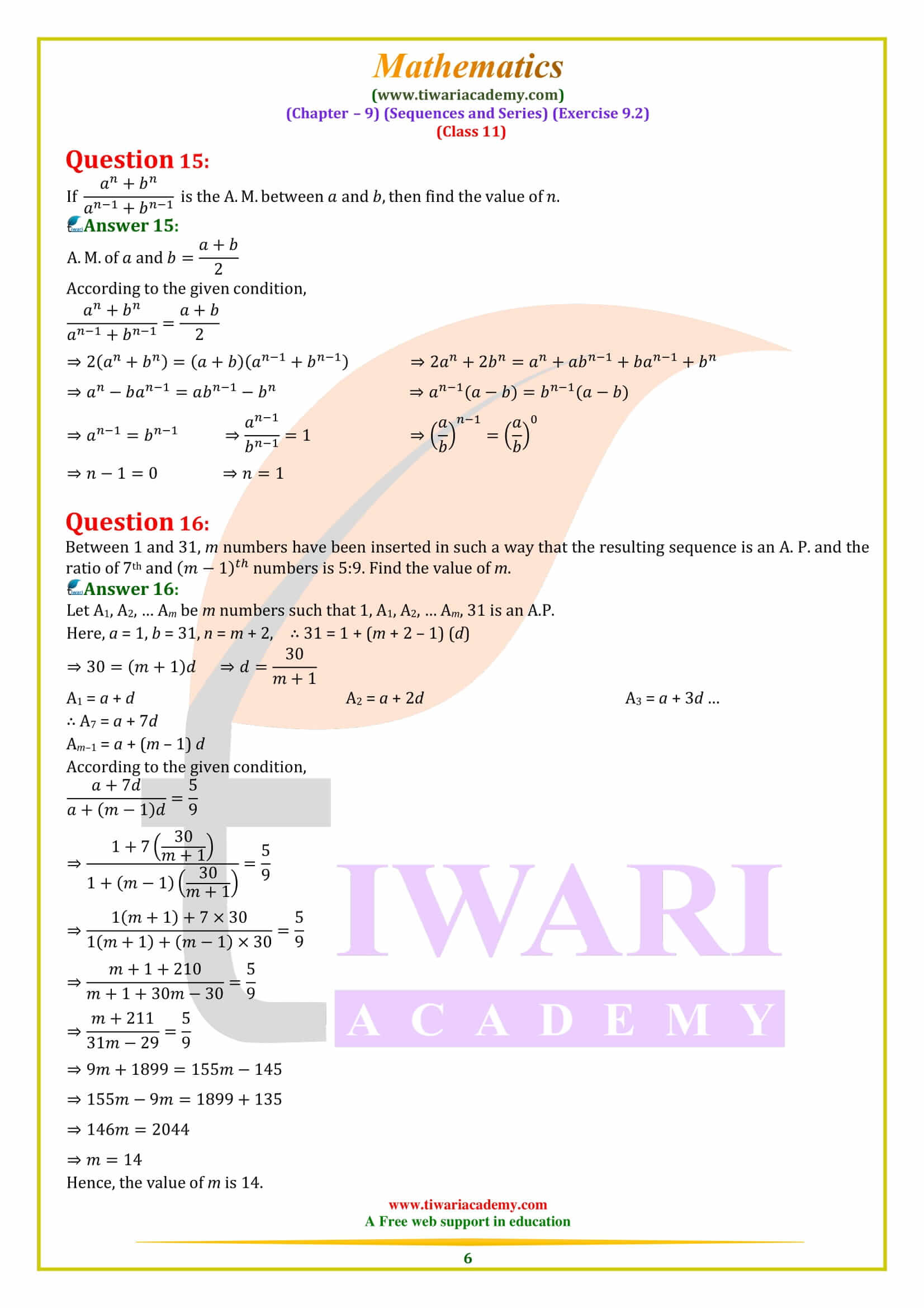 NCERT Solutions for Class 11 Maths Exercise 9.2 in Hindi and English