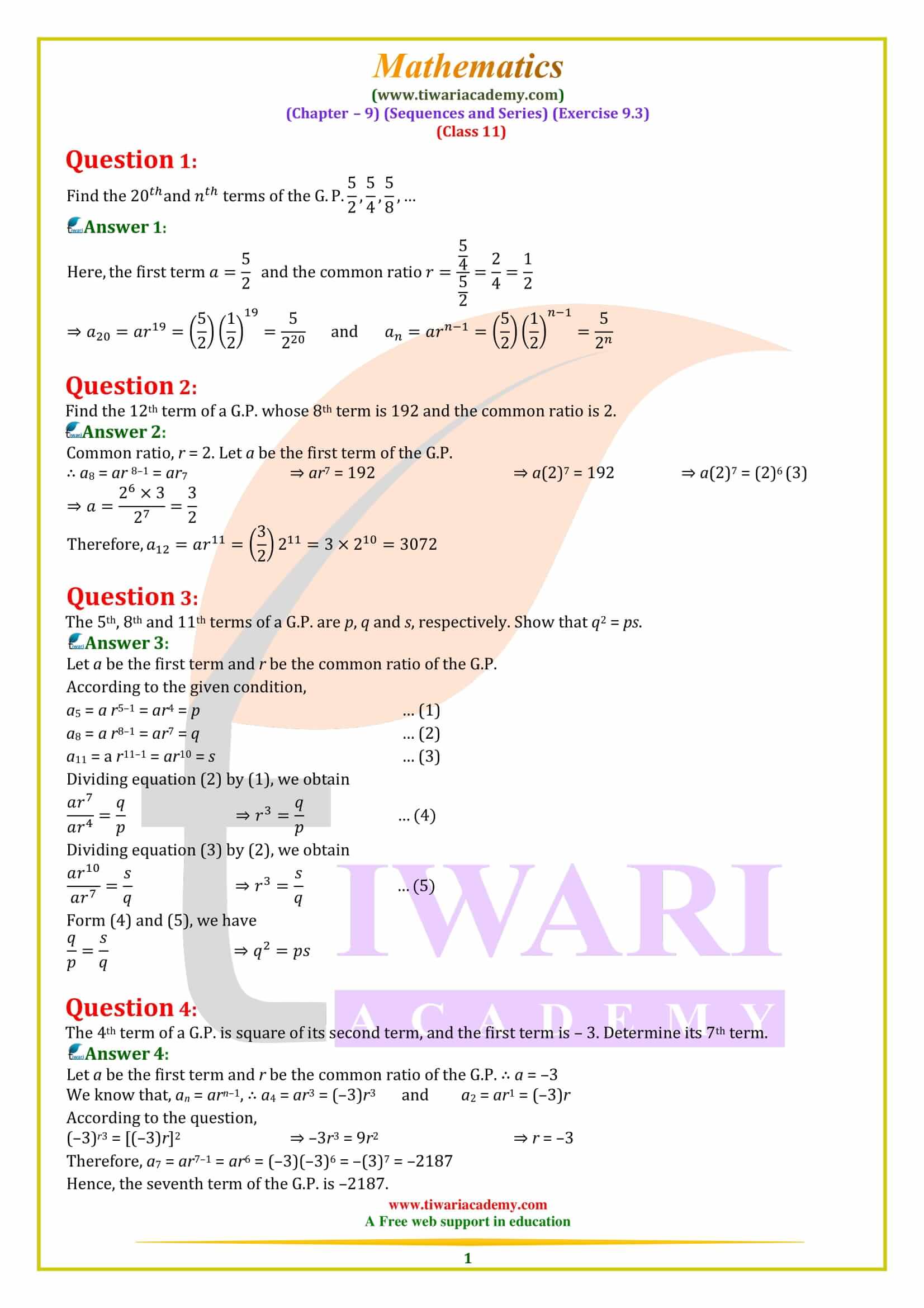 Class 11 Maths Exercise 9.3 Sequences and Series