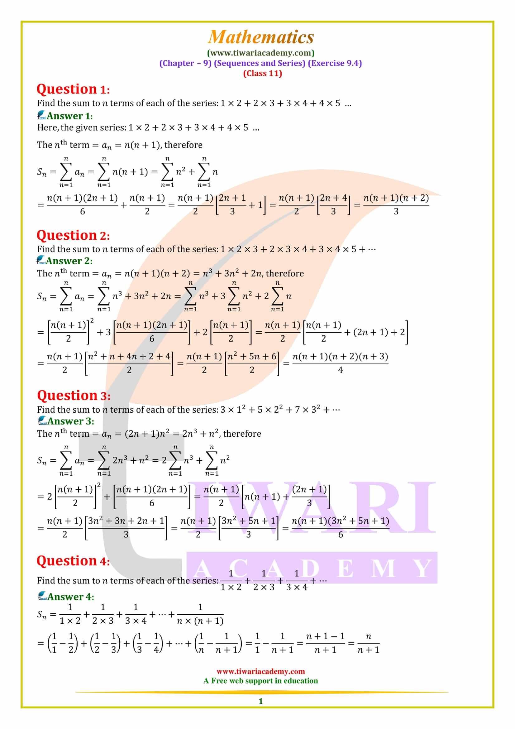 Class 11 Maths Exercise 9.4 Sequences and Series