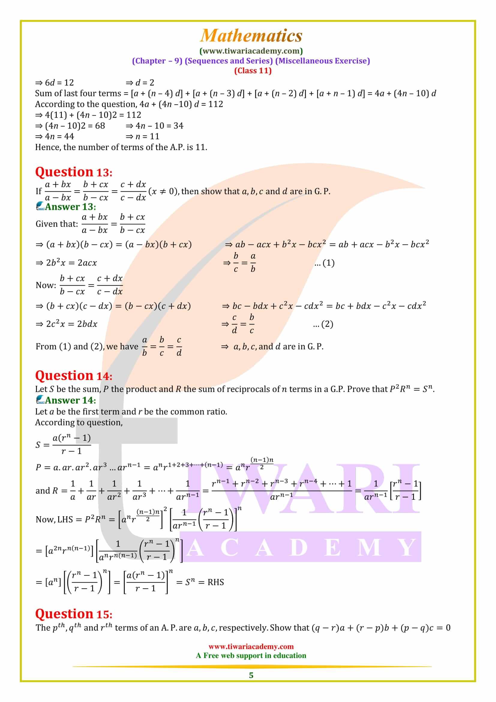 NCERT Solutions for Class 11 Maths Chapter 9 Miscellaneous Exercise in Hindi and English