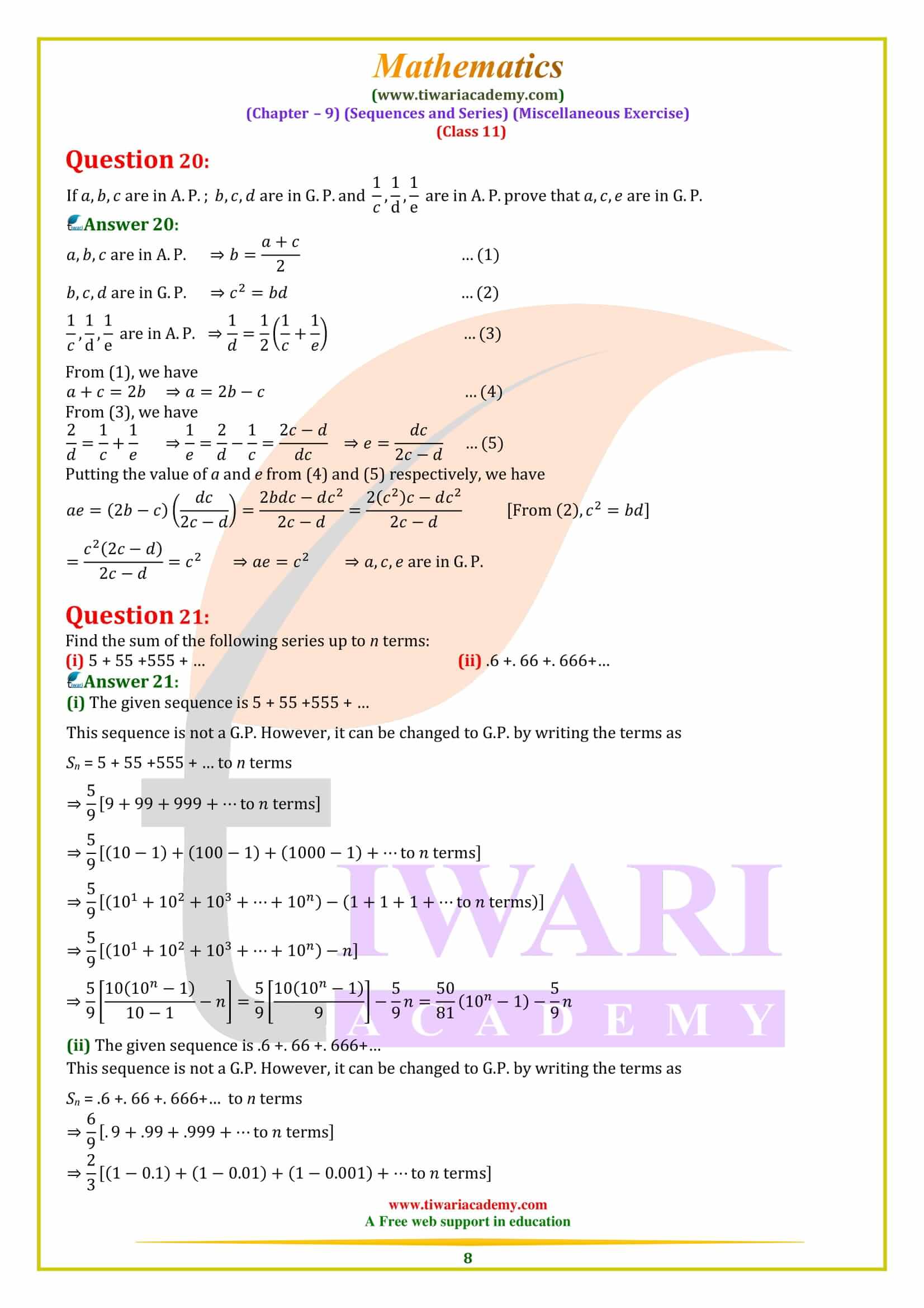 NCERT Solutions for Class 11 Maths Chapter 9 Miscellaneous Exercise free download