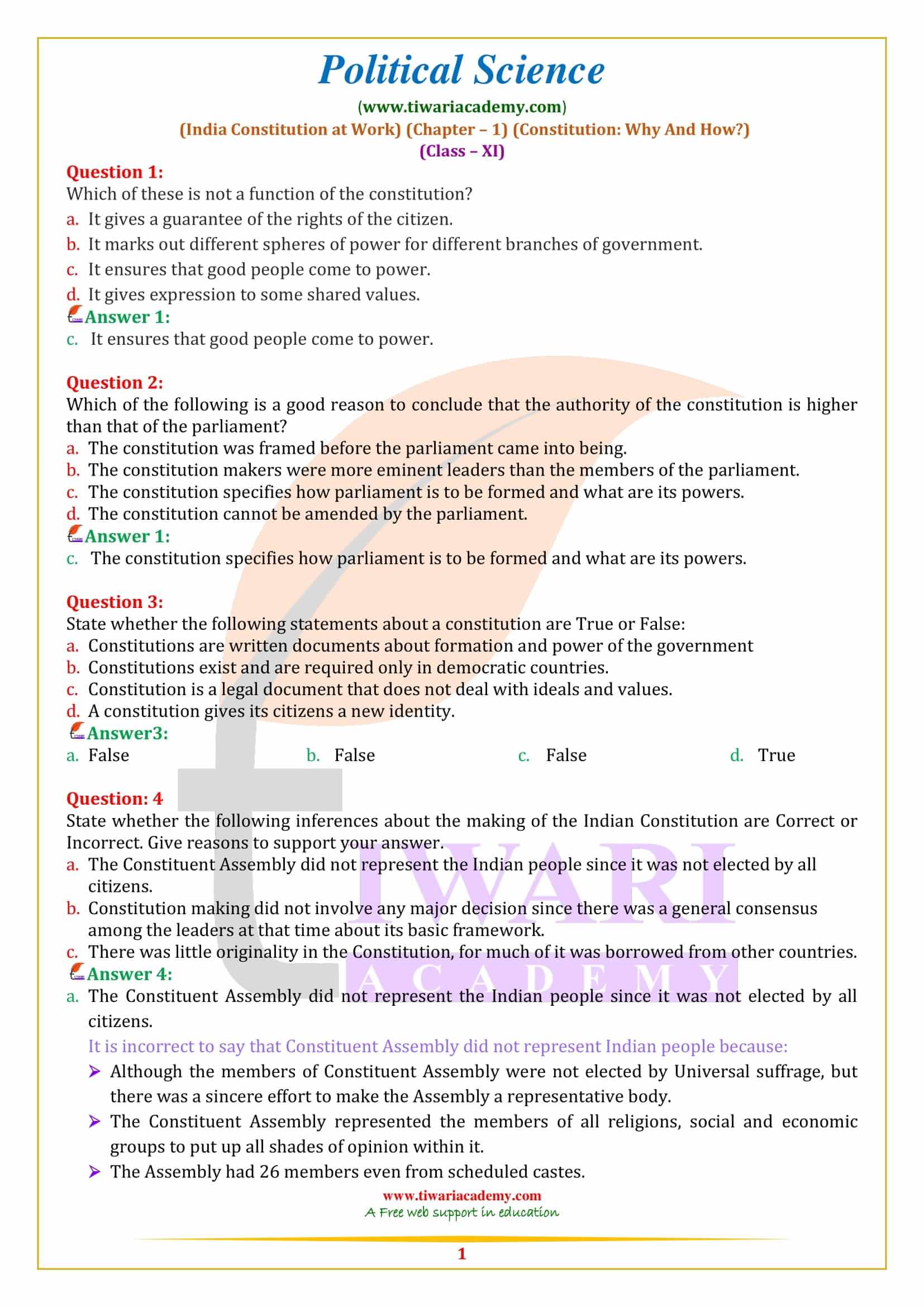 NCERT Solutions for Class 11 Political Science Chapter 1 Constitution