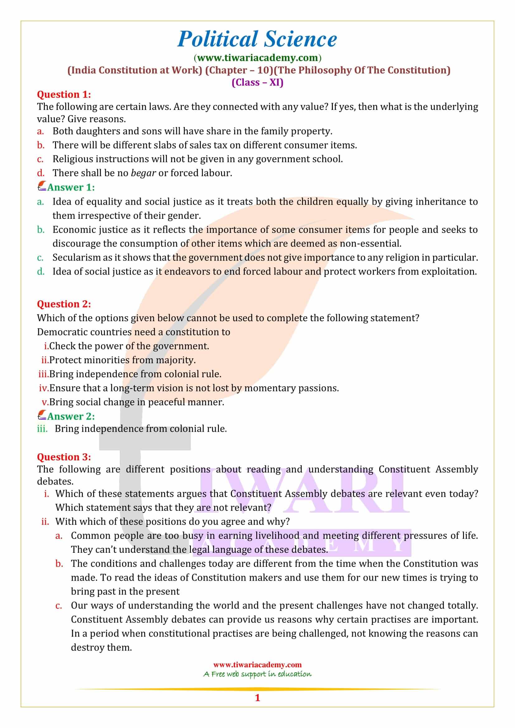 Class 11 Political Science Chapter 10 the Philosophy of the Constitution