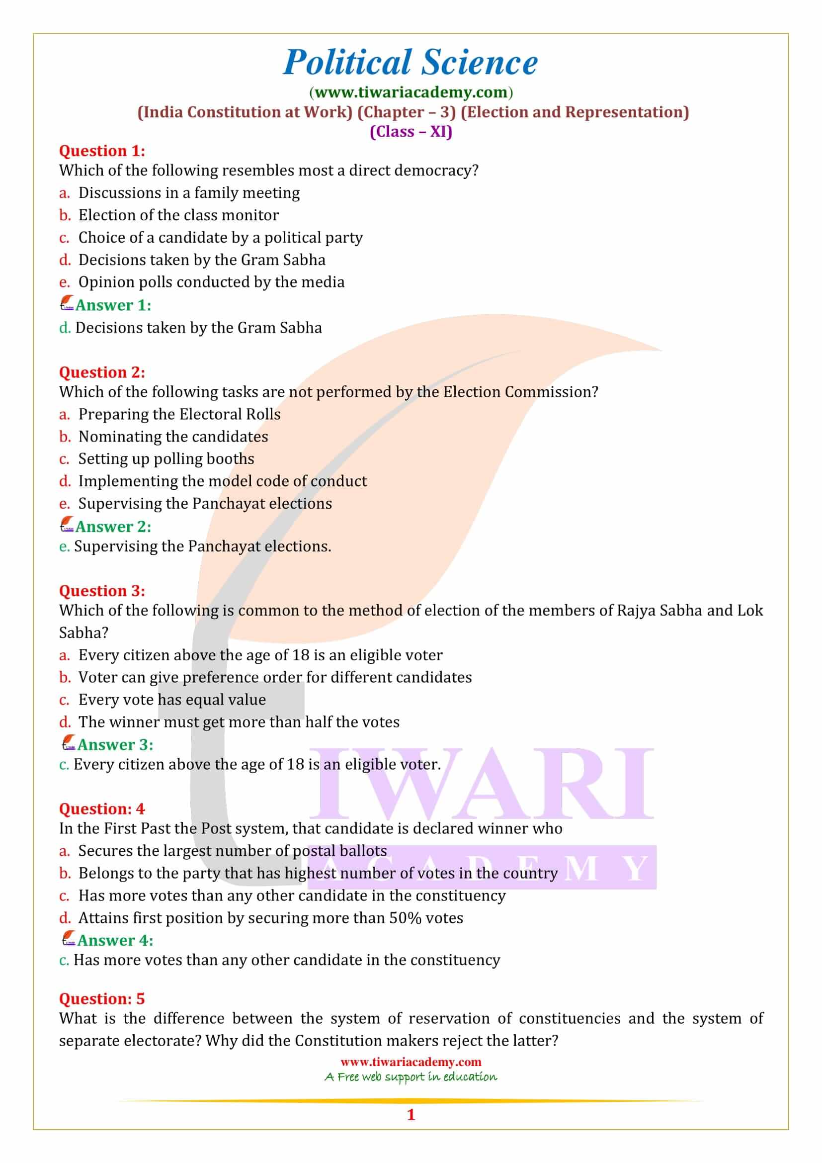 Class 11 Political Science Chapter 3 Election and Representation