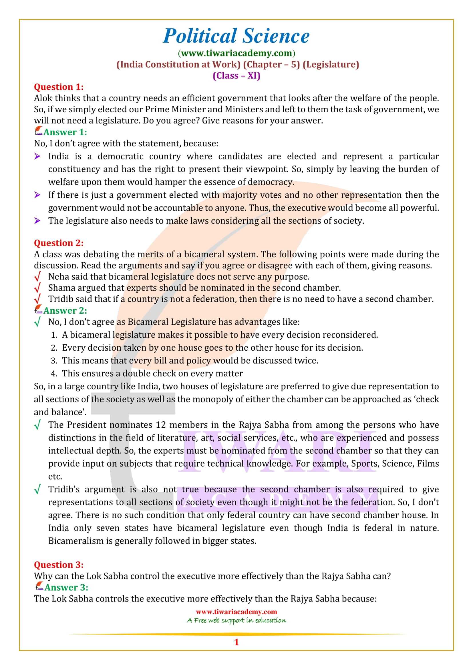 Class 11 Political Science Chapter 5 Legislature