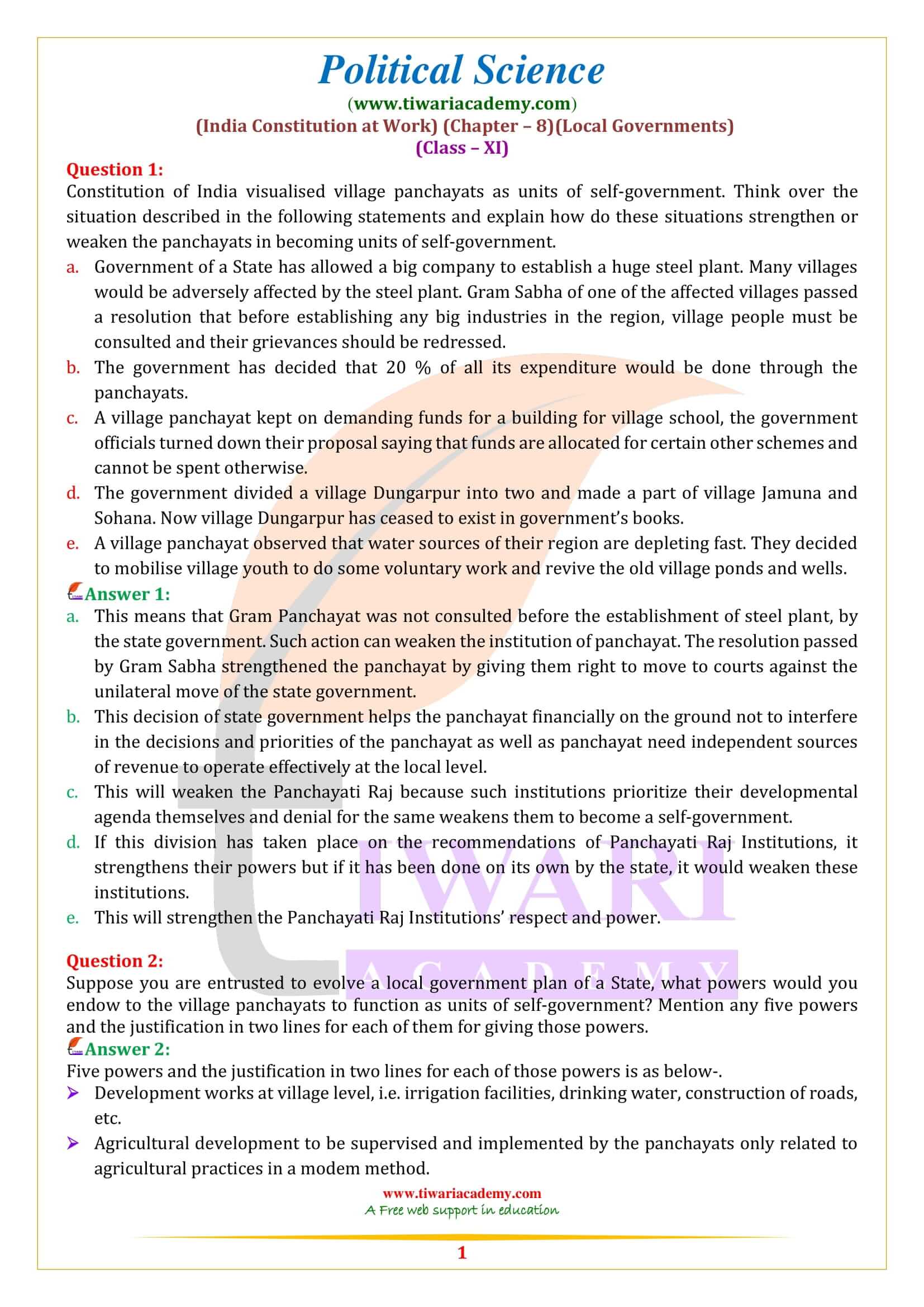 Class 11 Political Science Chapter 8 Local Governments