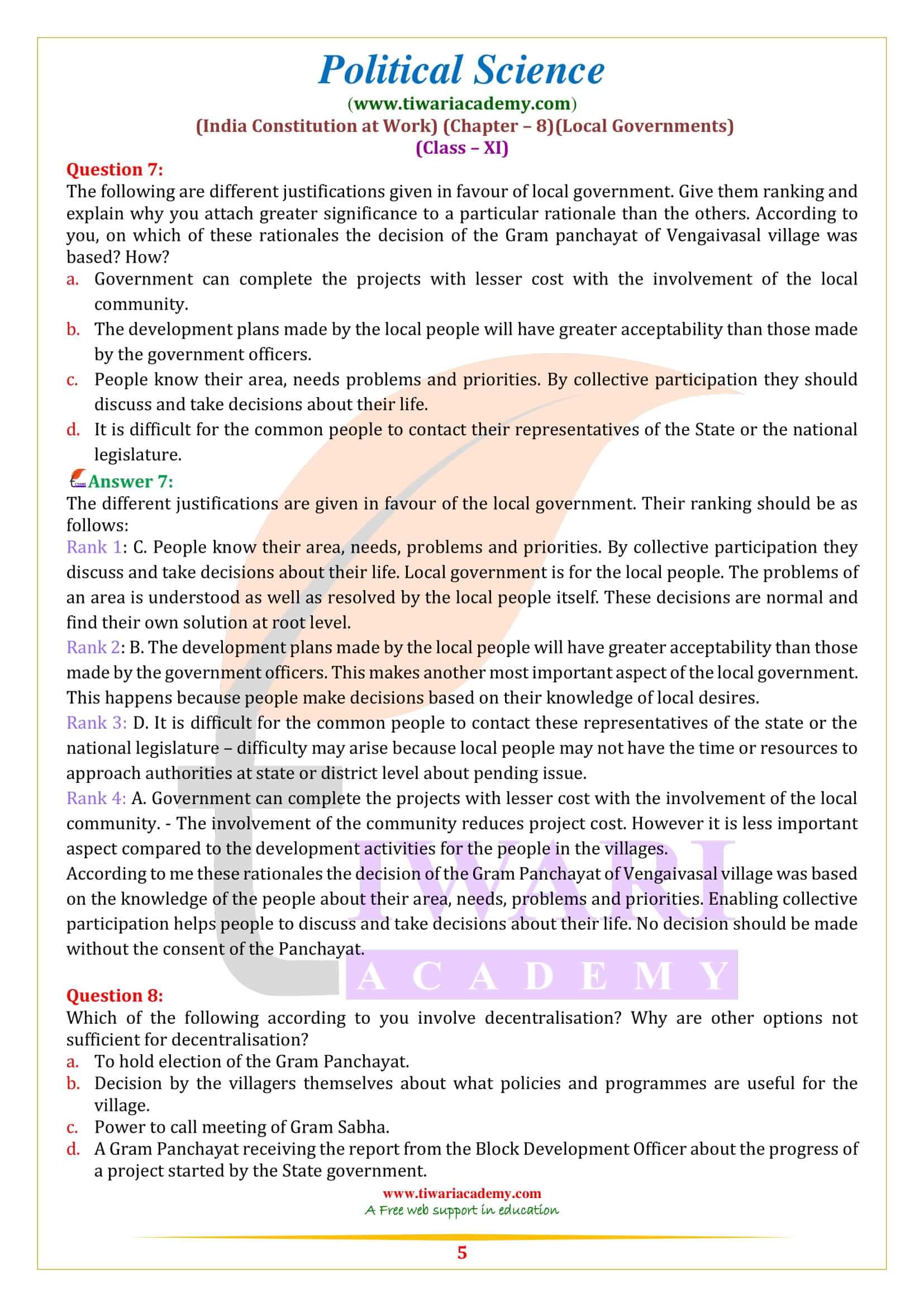 NCERT Solutions for Class 11 Political Science Chapter 8 in English Medium
