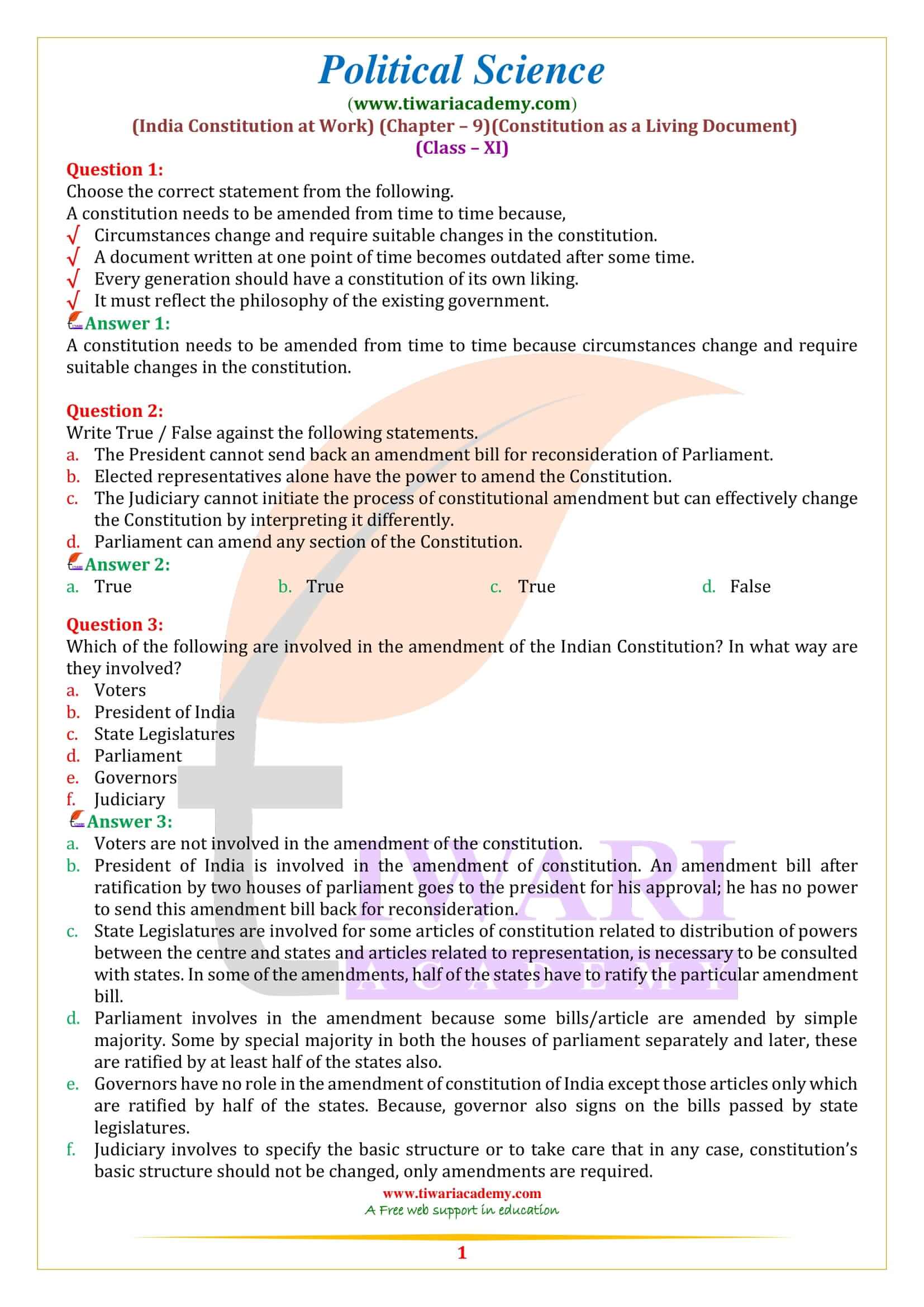 Class 11 Political Science Chapter 9 Constitution as a Living Document