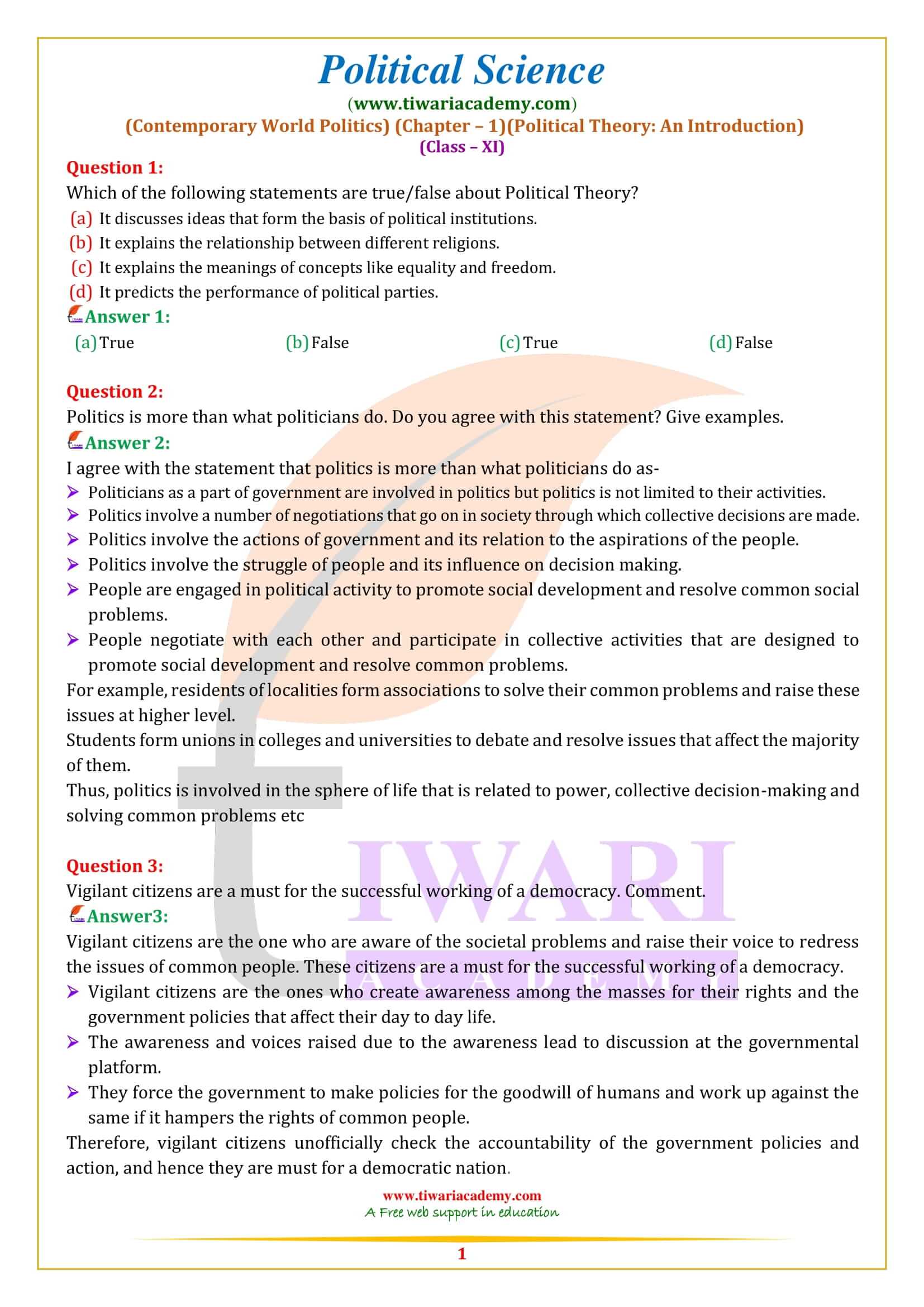 NCERT Solutions for Class 11 Political Science Chapter 1