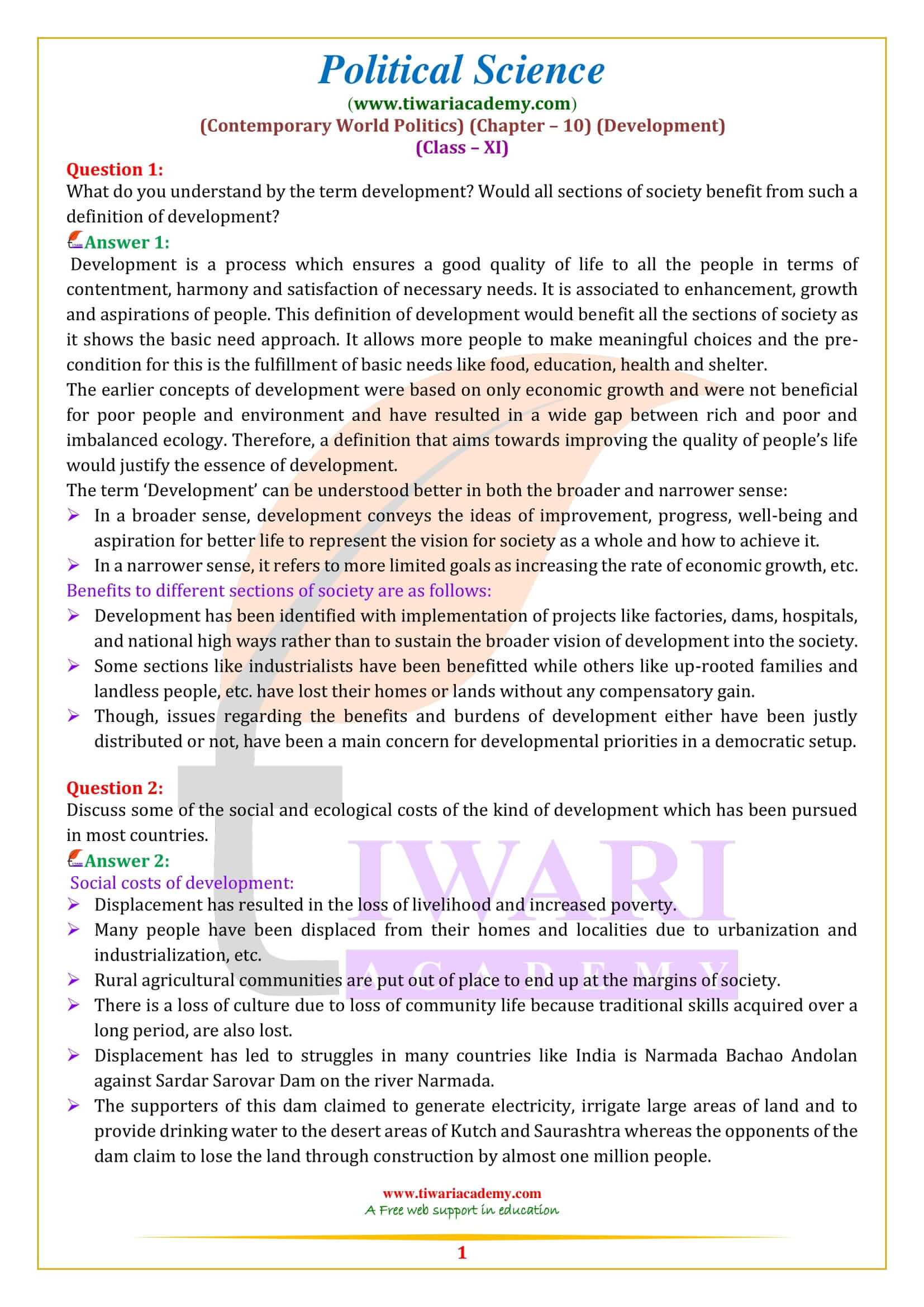 Class 11 Political Science Chapter 10 Development