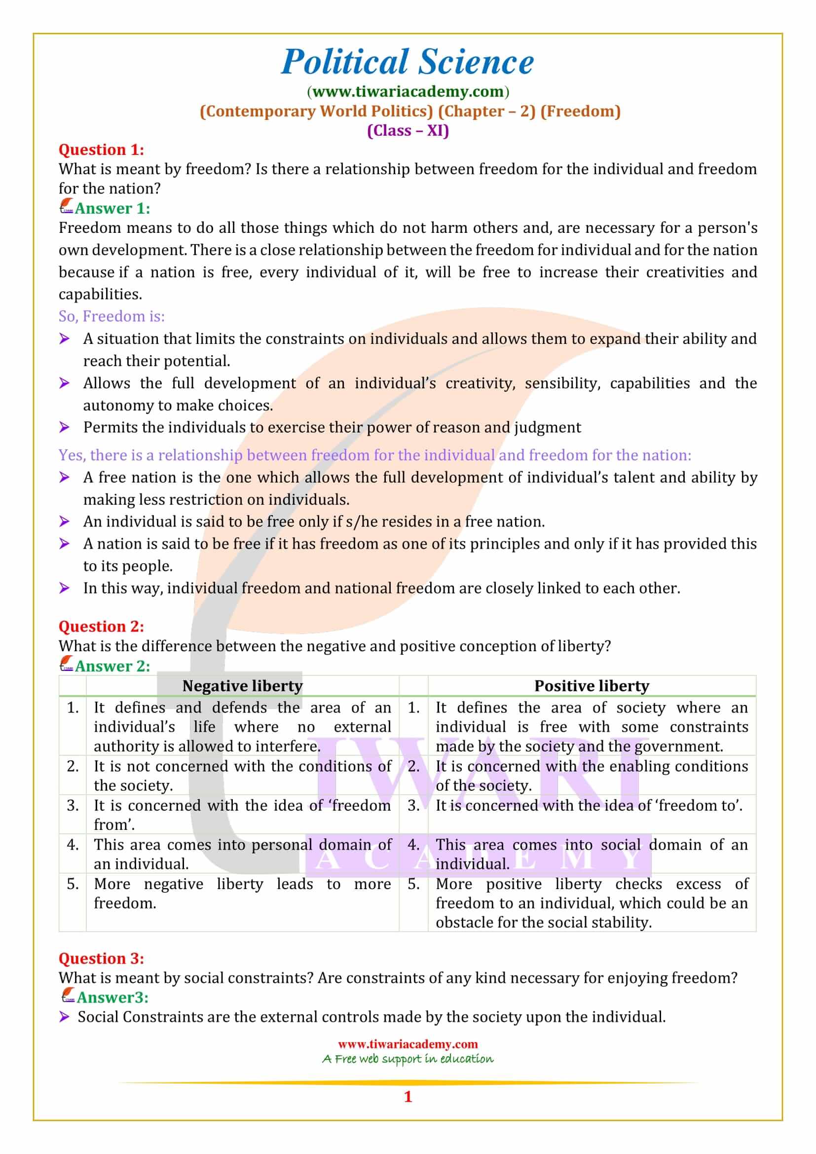 Class 11 Political Science Chapter 2 Freedom