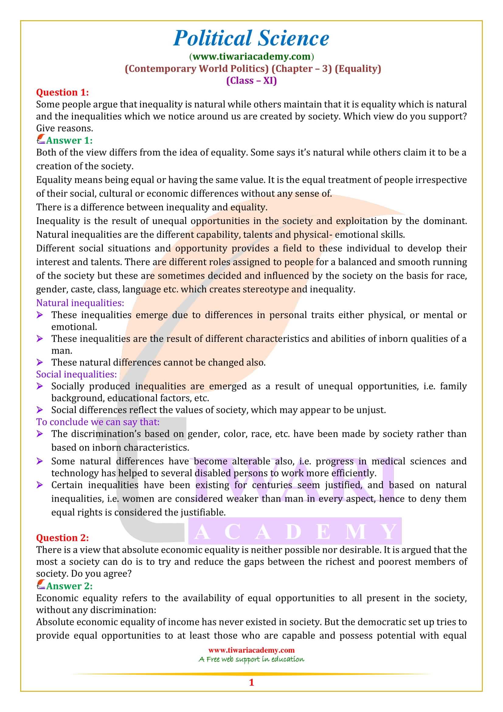 Class 11 Political Science Chapter 3 Equality