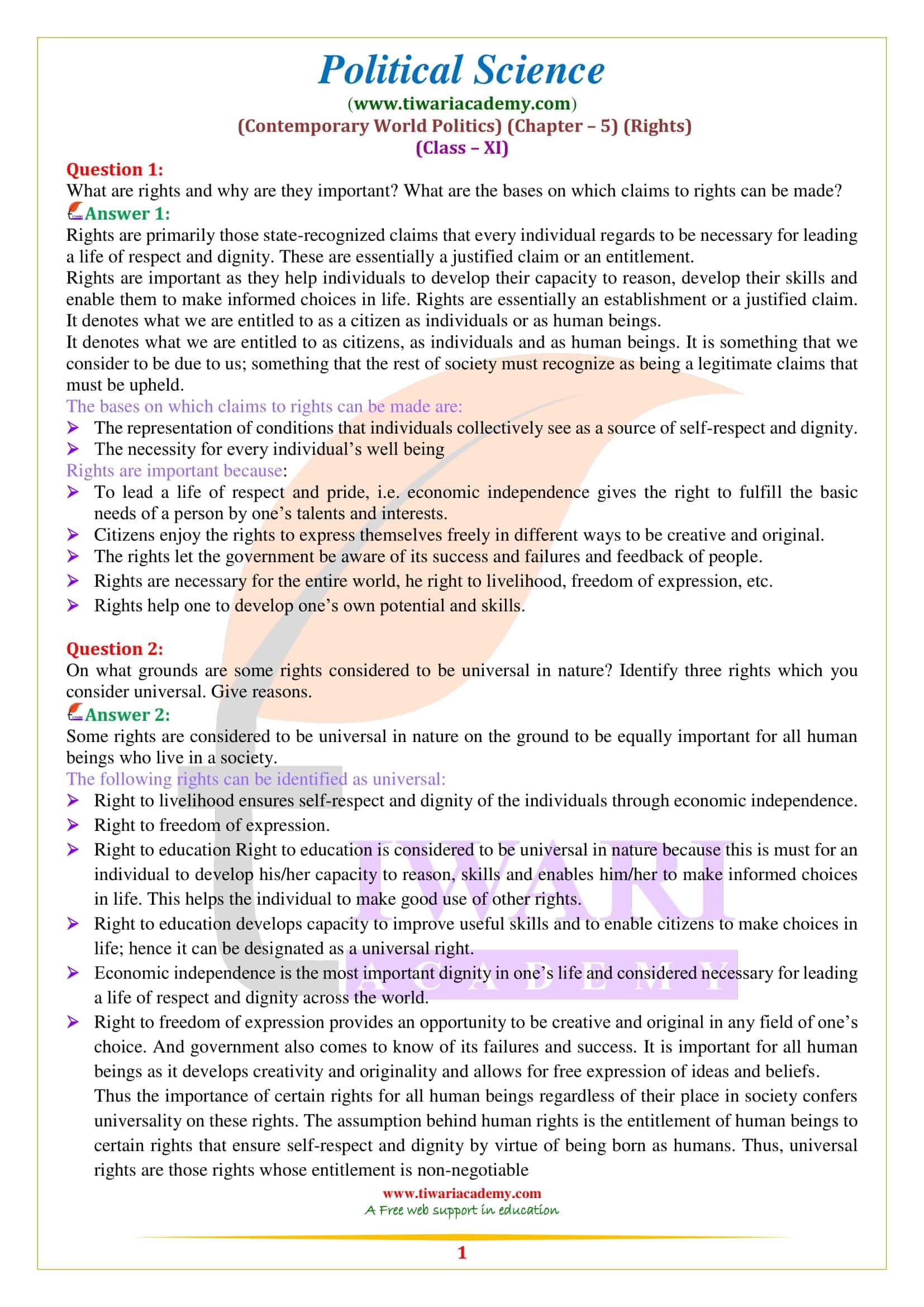 Class 11 Political Science Chapter 5 Rights