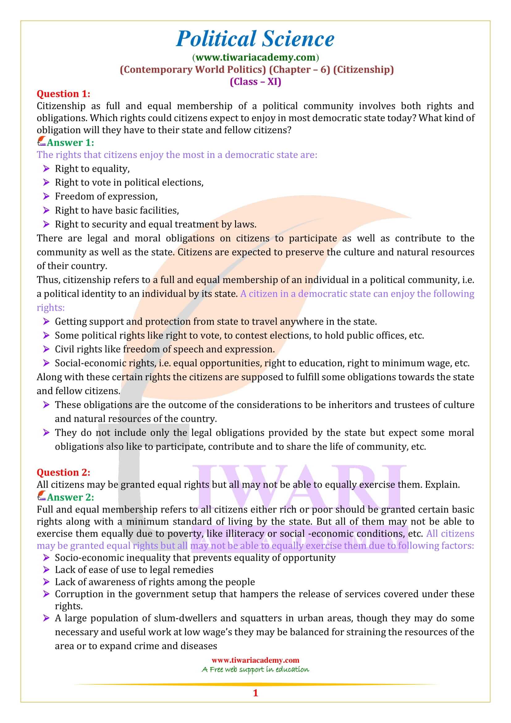 Class 11 Political Science Chapter 6 Citizenship