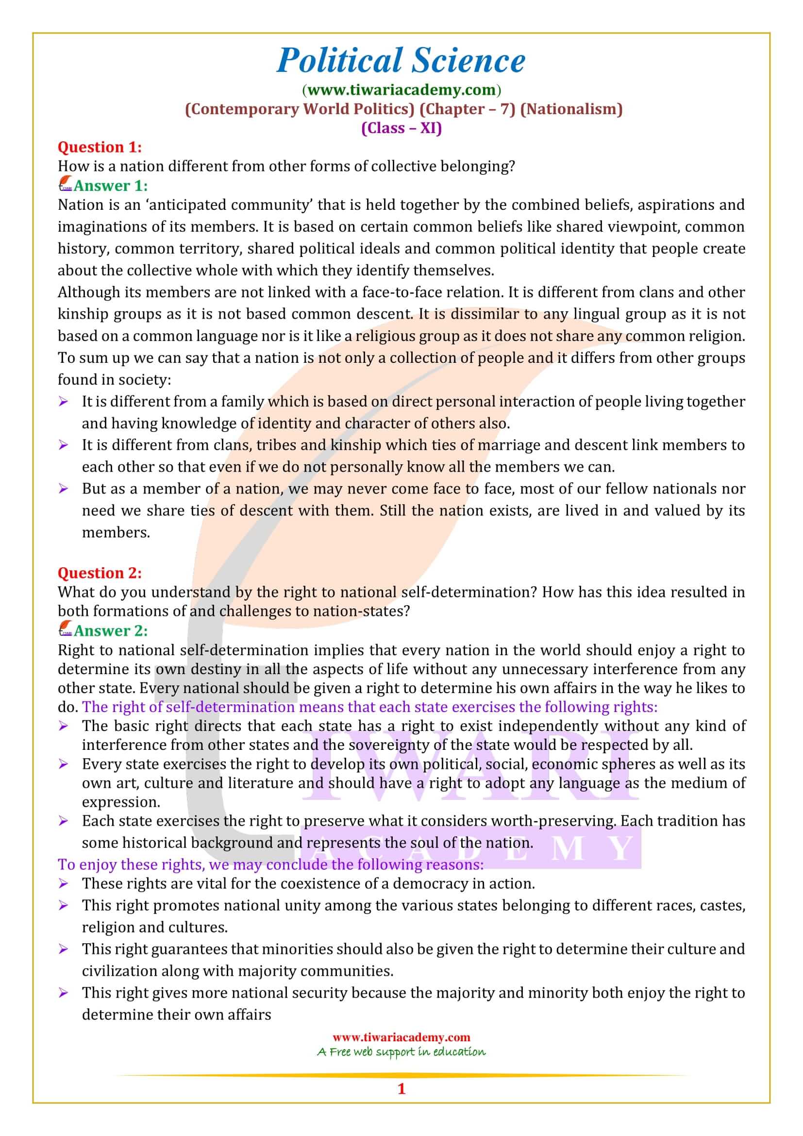 Class 11 Political Science Chapter 7 Nationalism