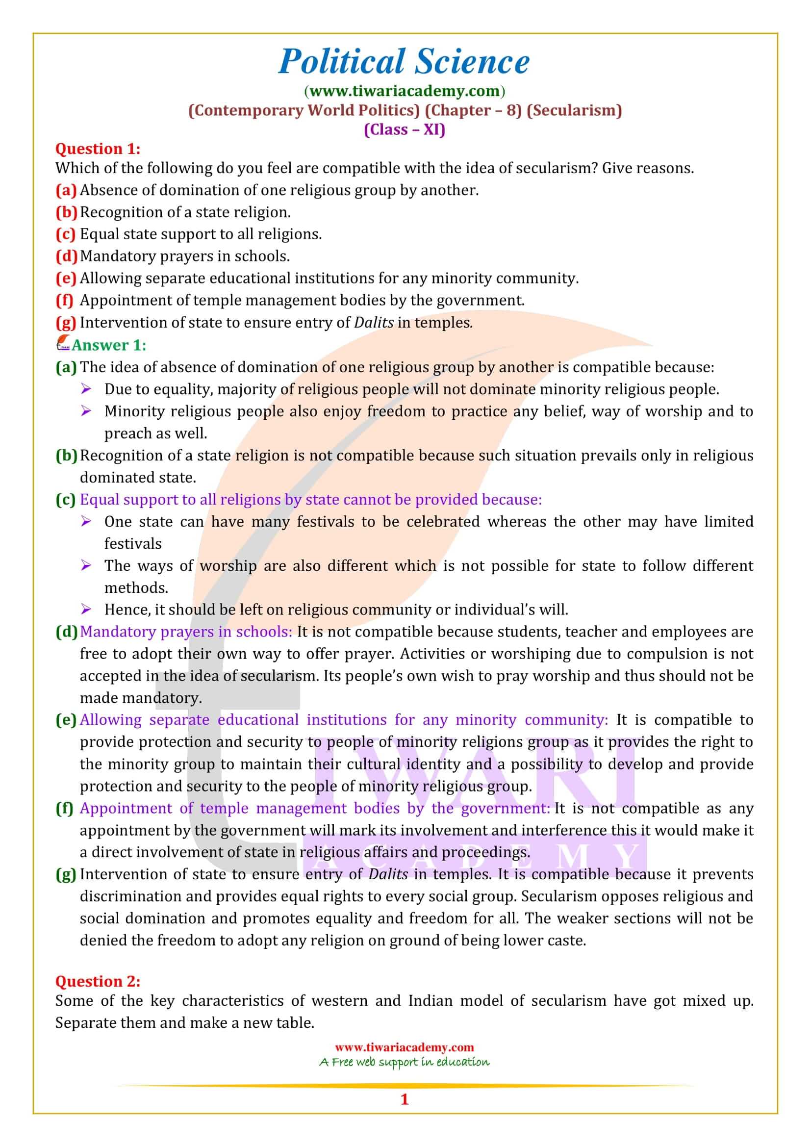 Class 11 Political Science Chapter 8 Secularism