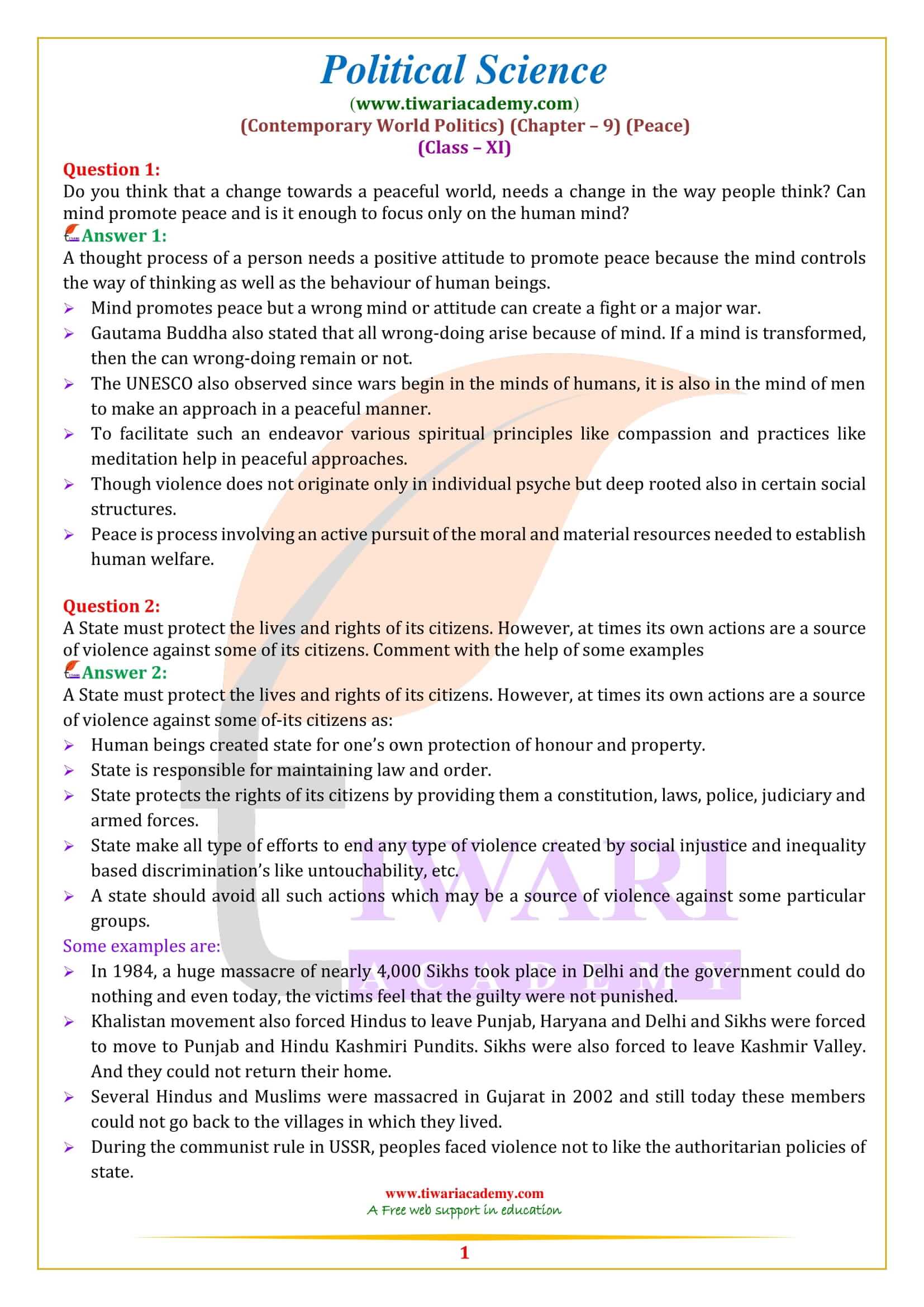 Class 11 Political Science Chapter 9 Peace