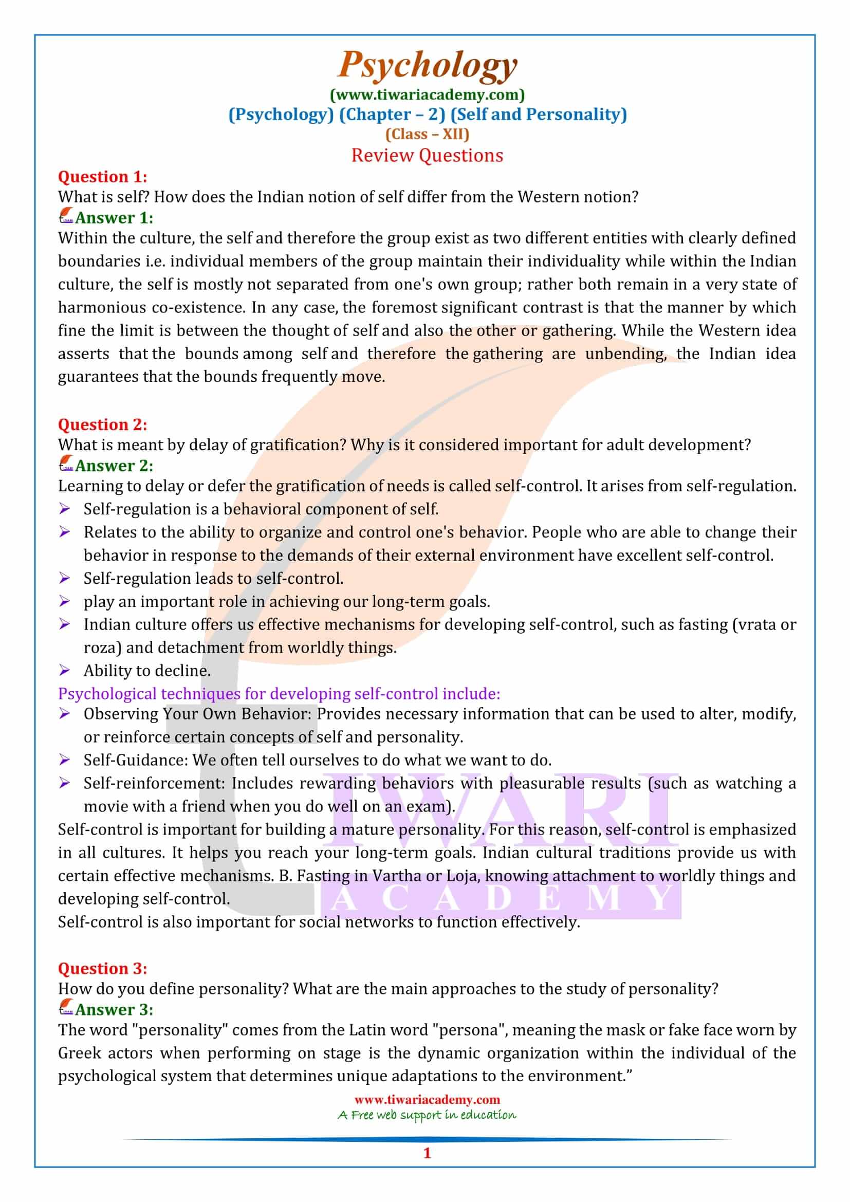 Class 12 Psychology Chapter 2 Self and Personality