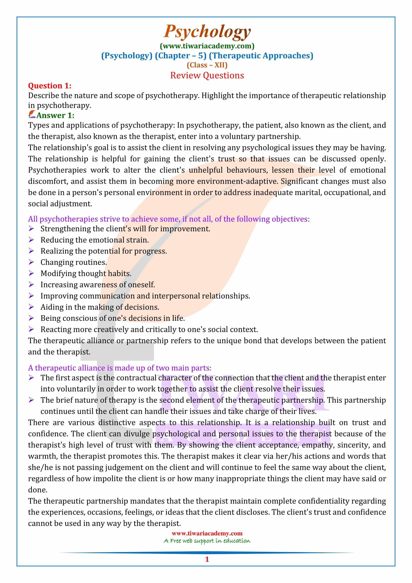Class 12 Psychology Chapter 5 Therapeutic Approaches