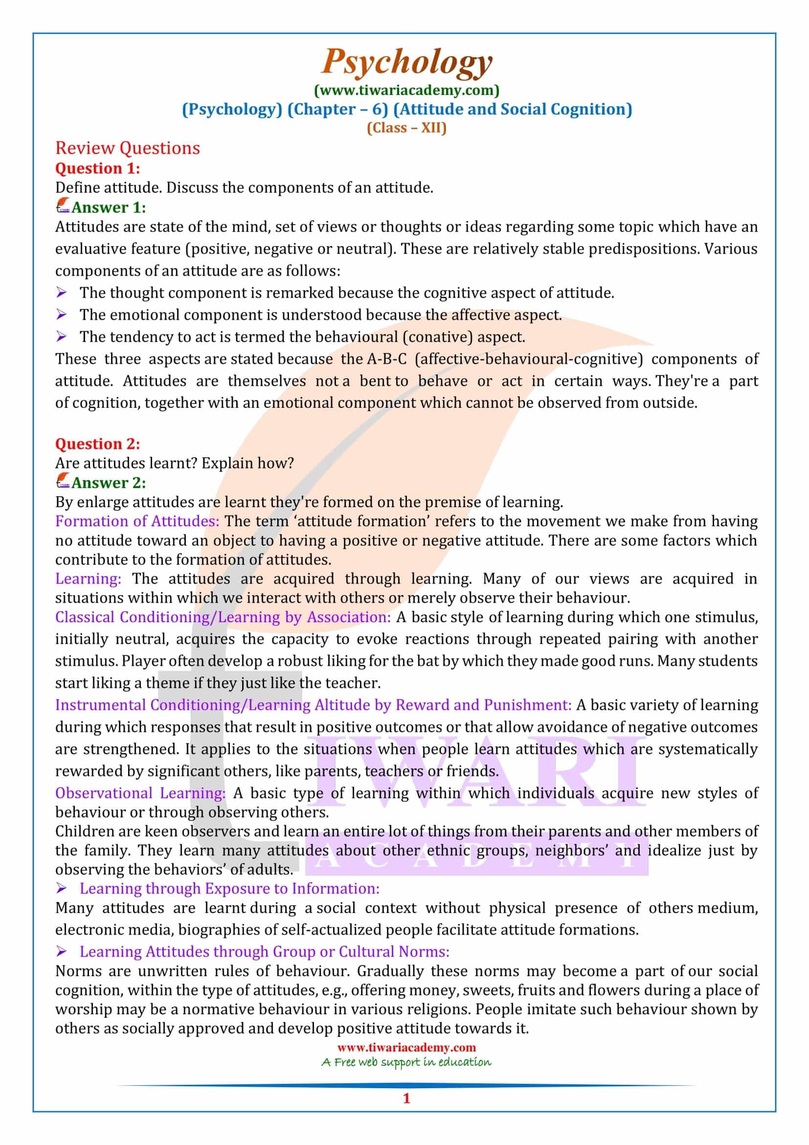 Class 12 Psychology Chapter 6 Attitude and Social Cognition