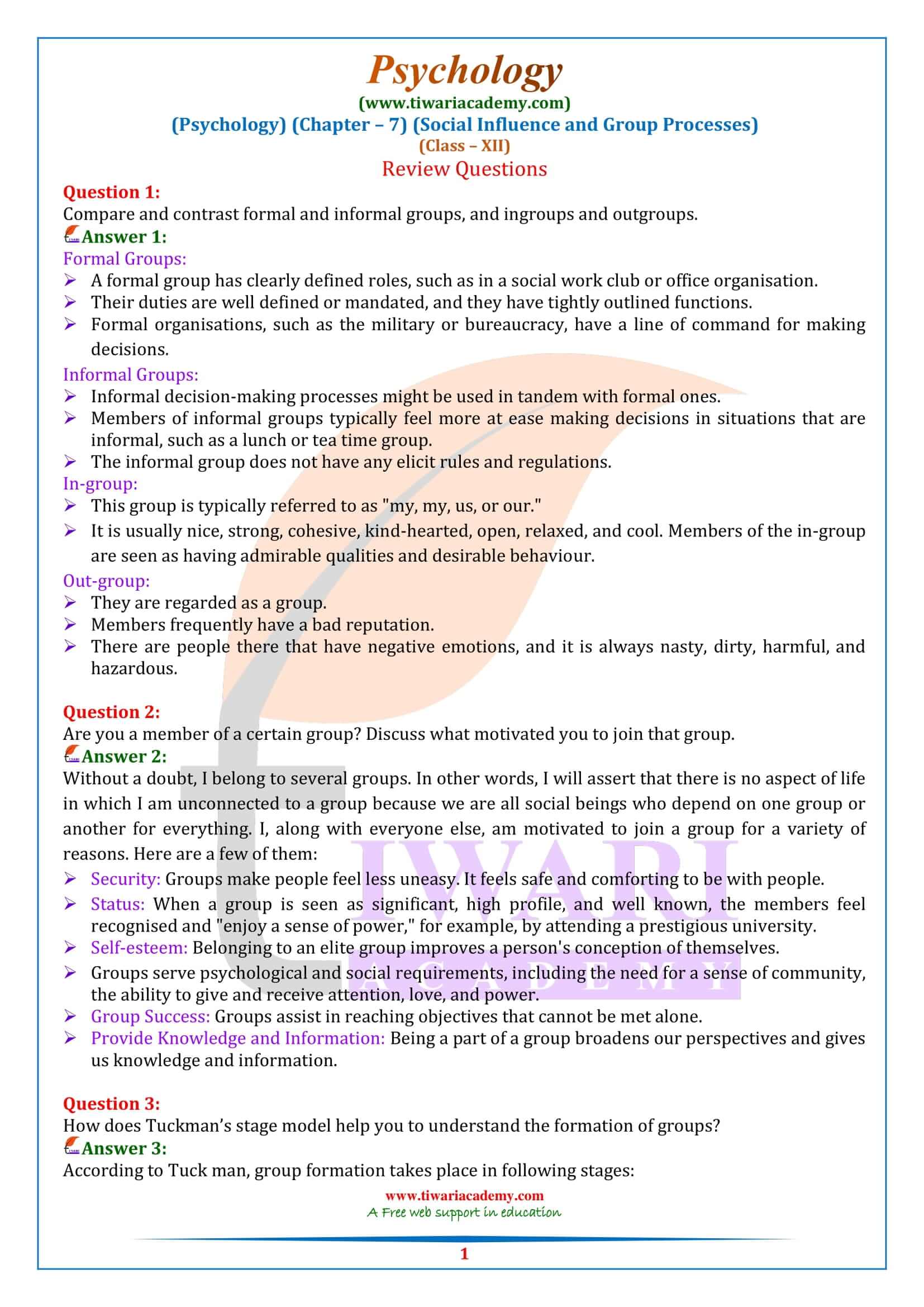 Class 12 Psychology Chapter 7 Social Influence and Group Processes