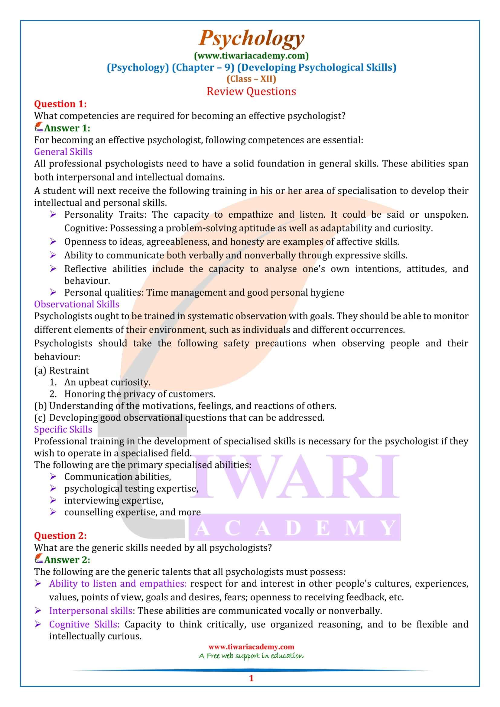 Class 12 Psychology Chapter 9 Developing Psychological Skills