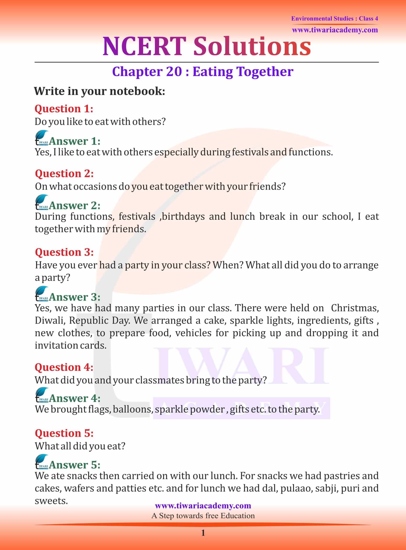 NCERT Solutions for Class 4 EVS Chapter 20 Eating Together