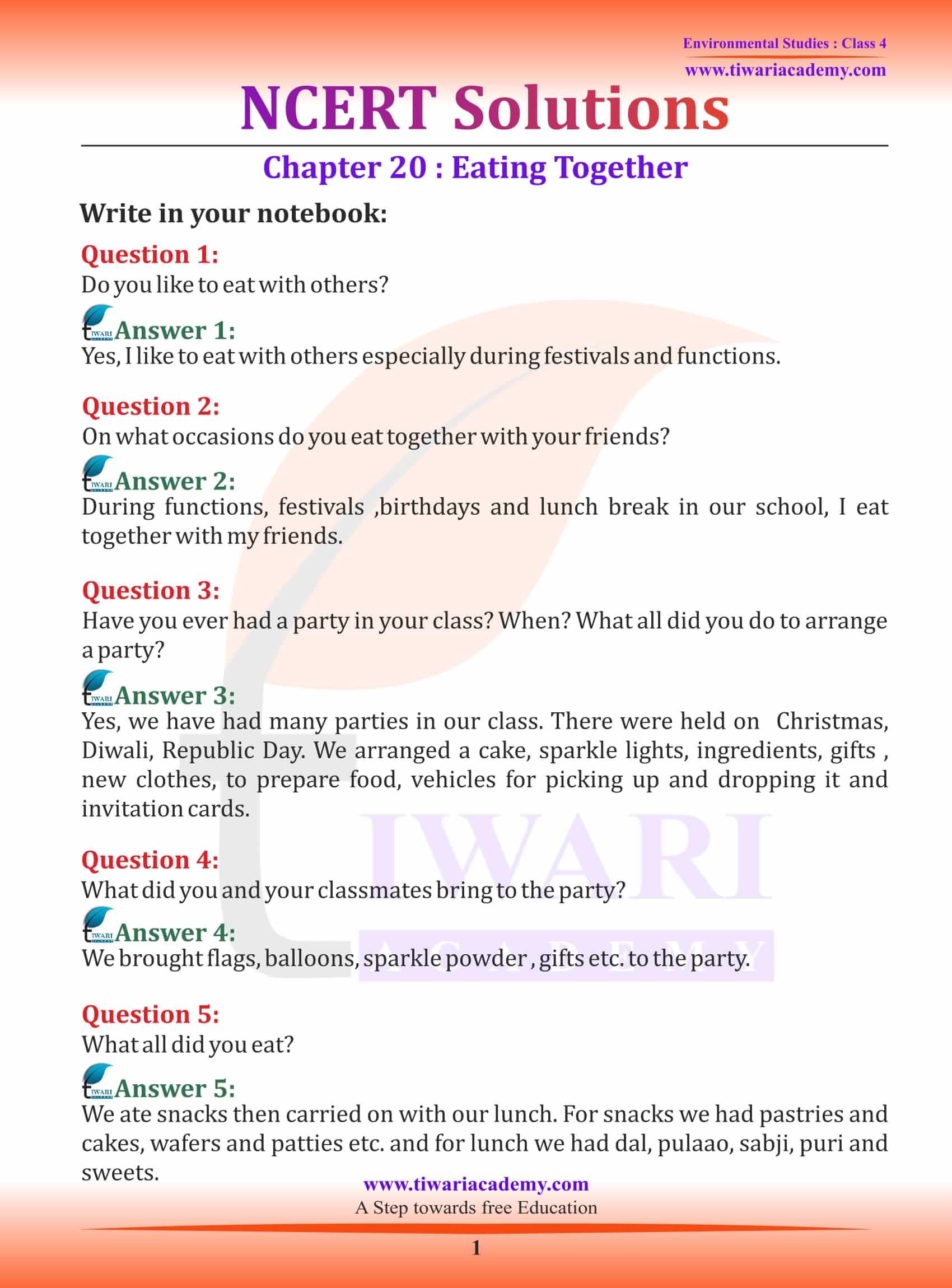 NCERT Solutions for Class 4 EVS Chapter 20 Eating Together