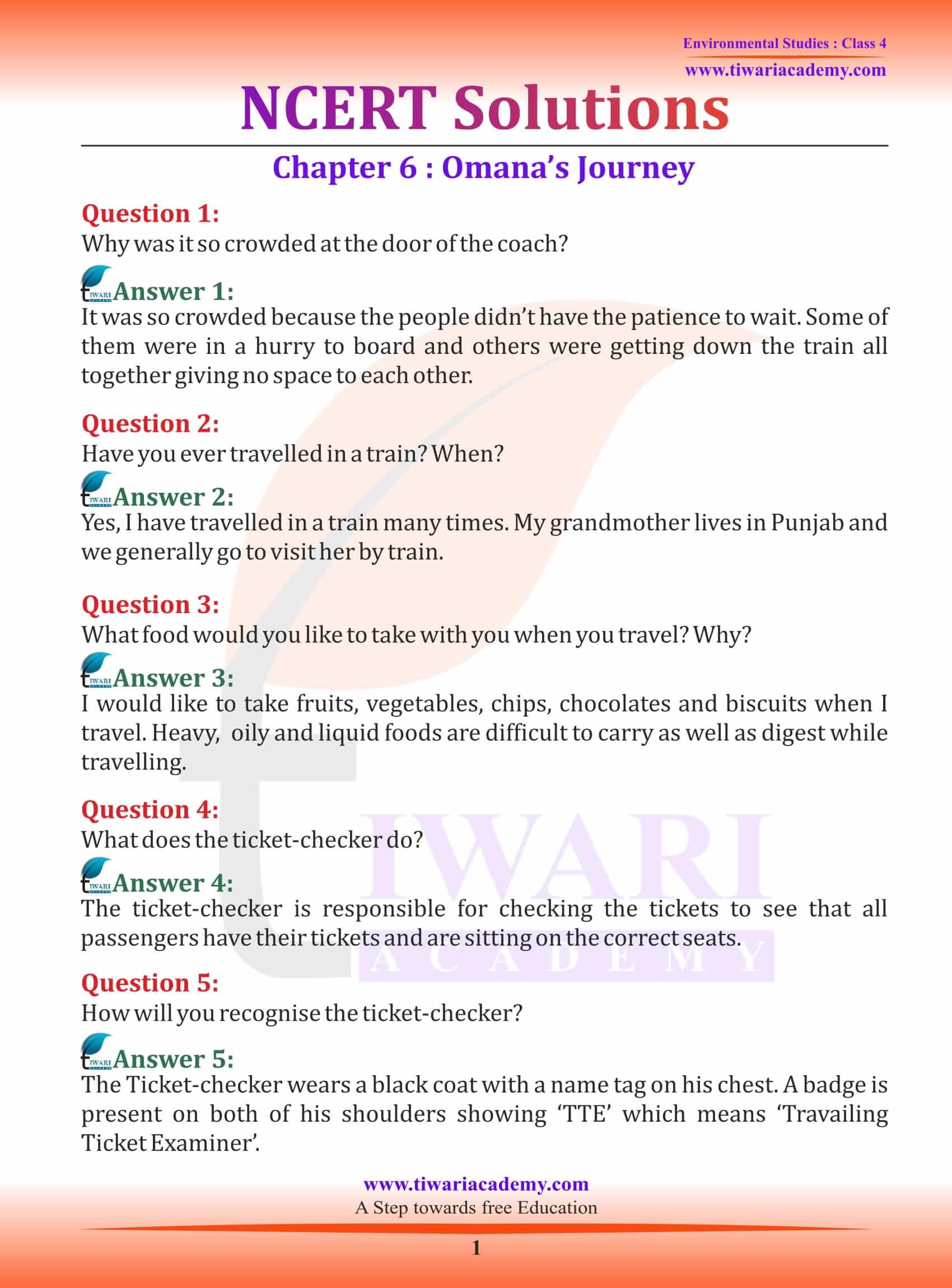 NCERT Solutions for Class 4 EVS Chapter 6 Omana’s Journey