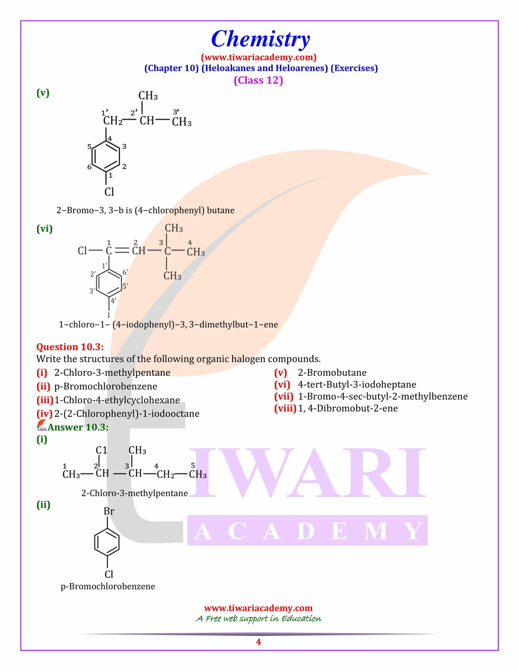 Class 12 Chemistry Chapter 10 Exercises Answers