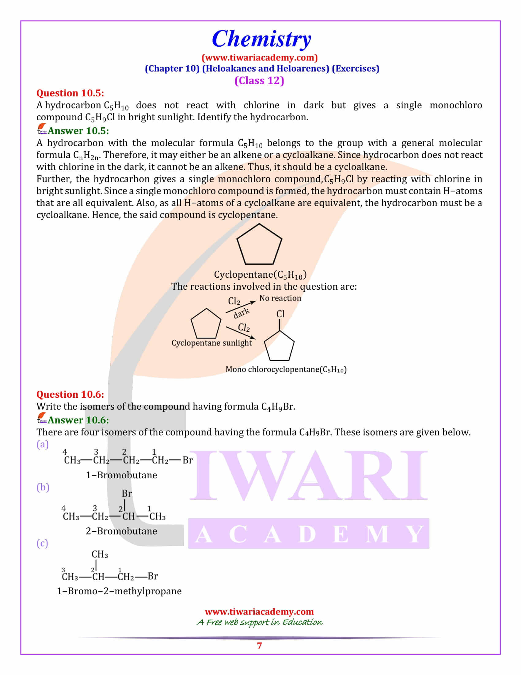 Class 12 Chemistry Chapter 10 Exercises Answers all download