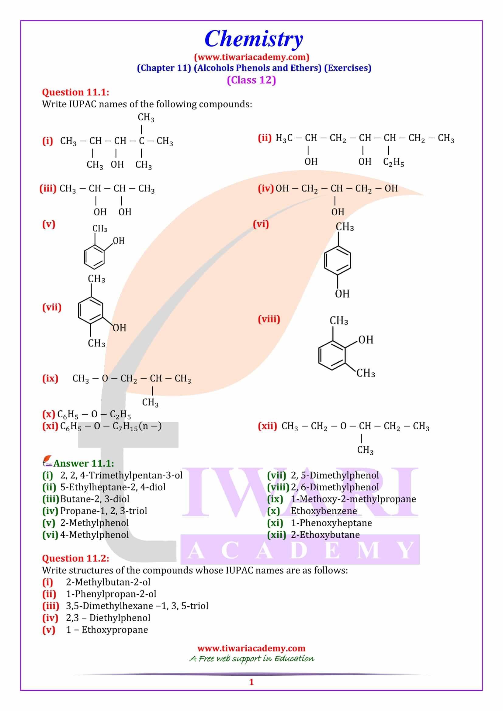 Class 12 Chemistry Chapter 11 Alcohols, Phenols and Ethers
