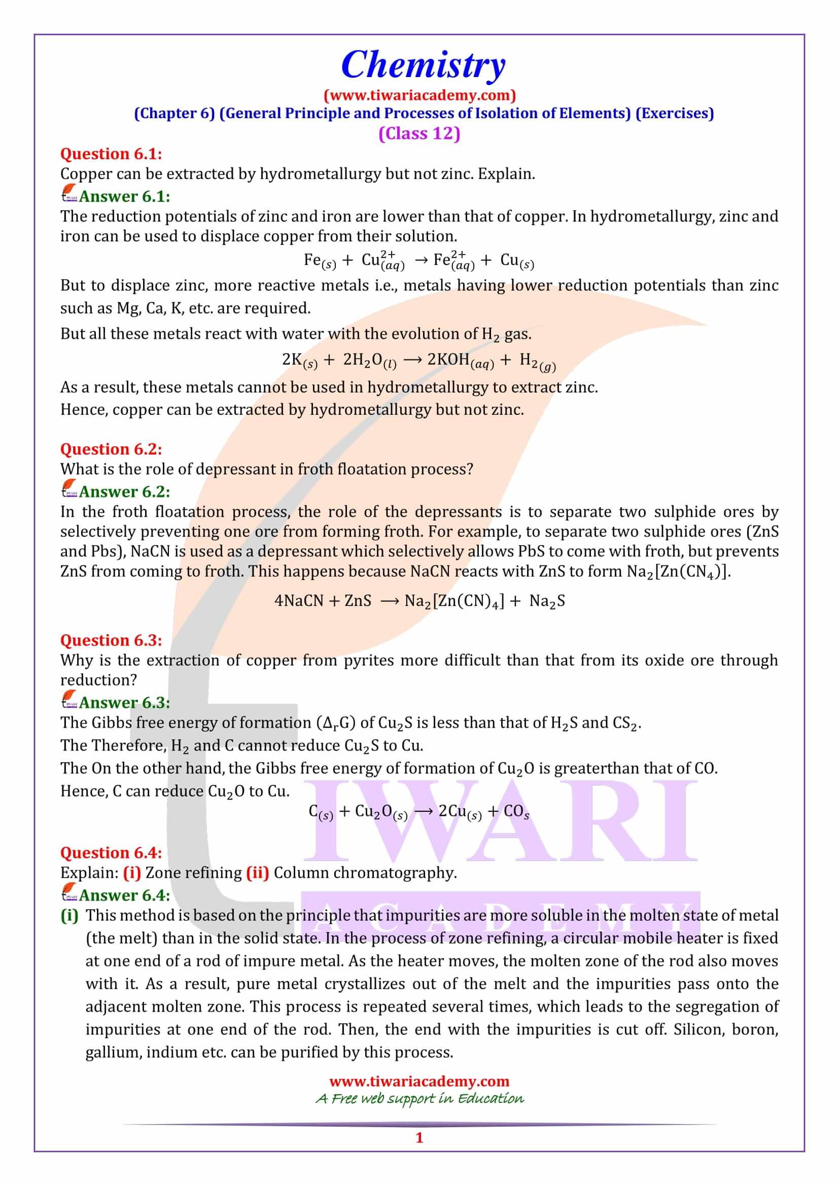 NCERT Solutions for Class 12 Chemistry Chapter 6 General Principles